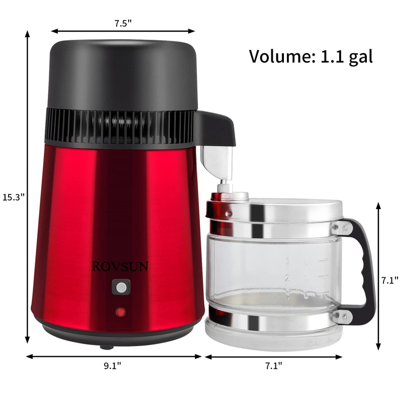 ROVSUN 4L Stainless Steel Water Distiller Countertop with Glass Collection Red