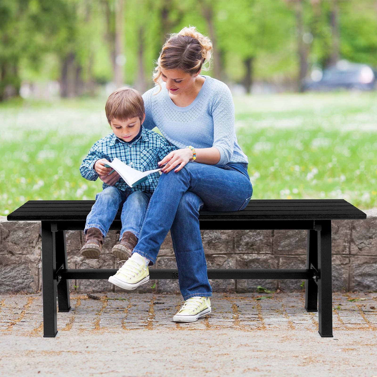47" HDPE Outdoor Bench with Metal Legs Black
