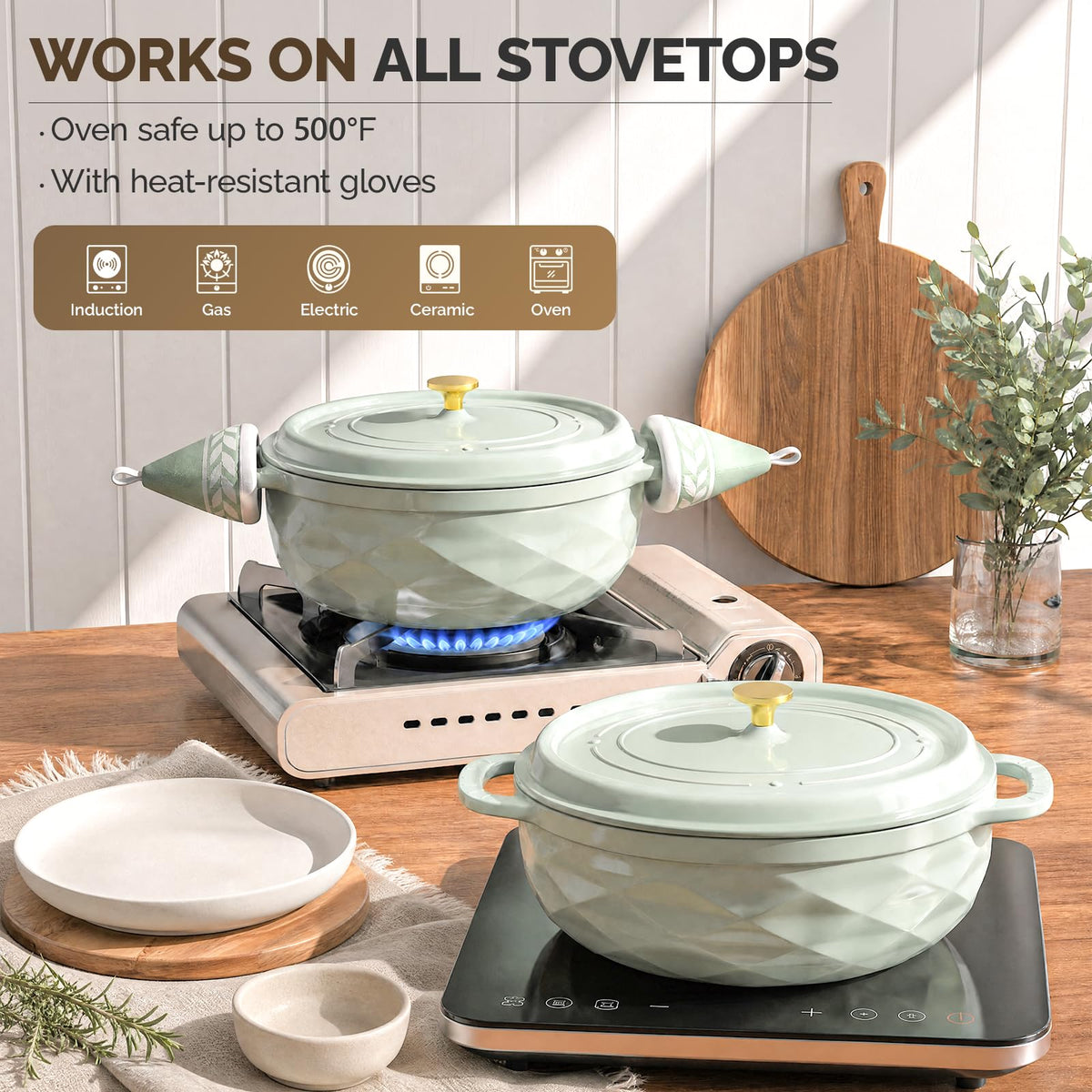 ROVSUN 7.5 QT Oval Enameled Cast Iron Dutch Oven Pot Green