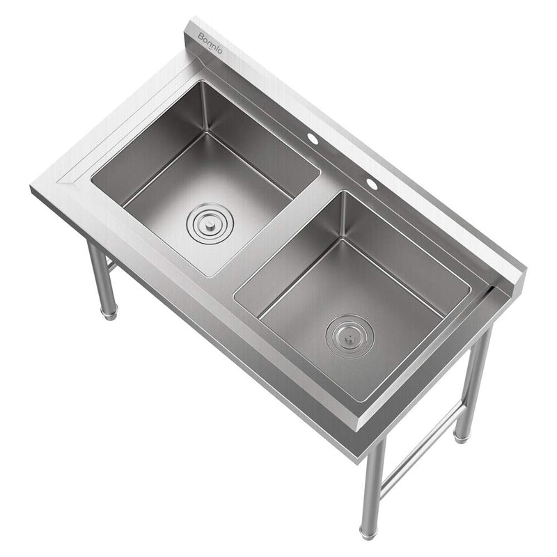ROVSUN 36 Inch 2 Compartment 304 Stainless Steel Sink Double Bowls Kitchen Sink Freestanding with Backsplash