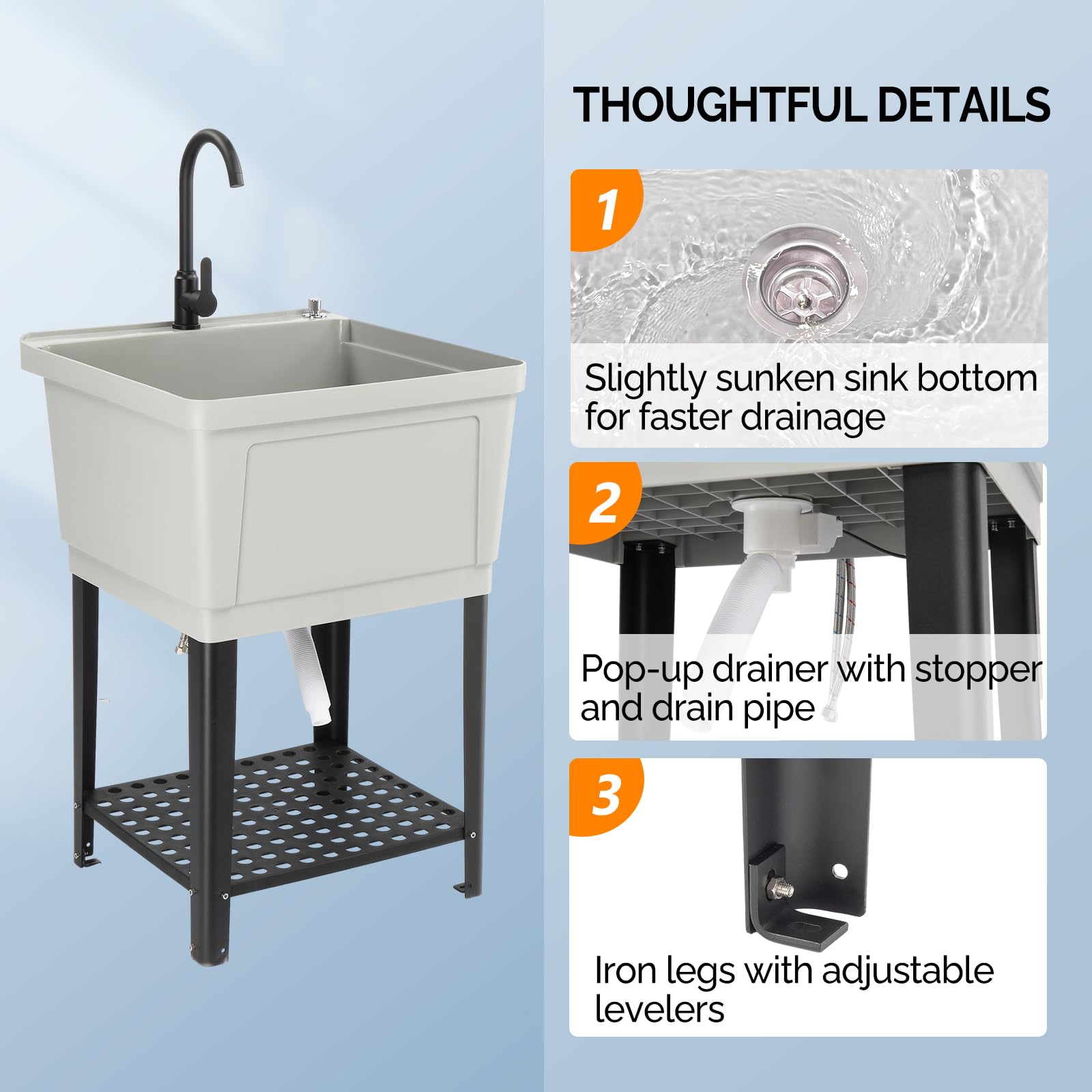 ROVSUN 24" X 24" Plastic Utility Sink with Faucet & Storage Shelf Gray