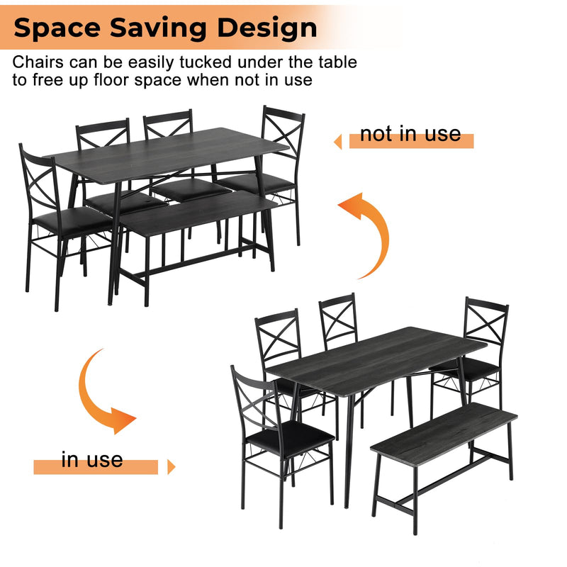 6 Piece Dining Set Wooden Table and 4 Upholstered Chairs & Bench Dark Grey