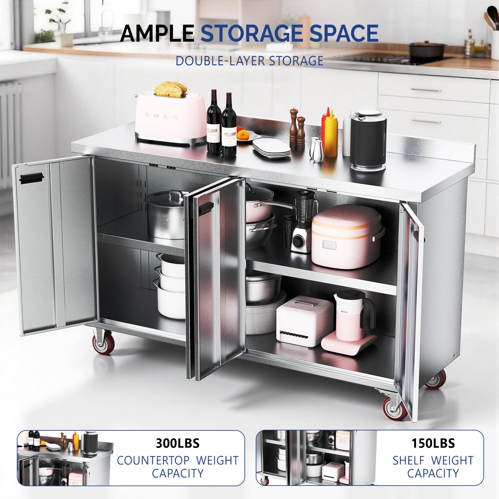 ROVSUN 59" x 19" Stainless Steel Table with Cabinet & Wheels