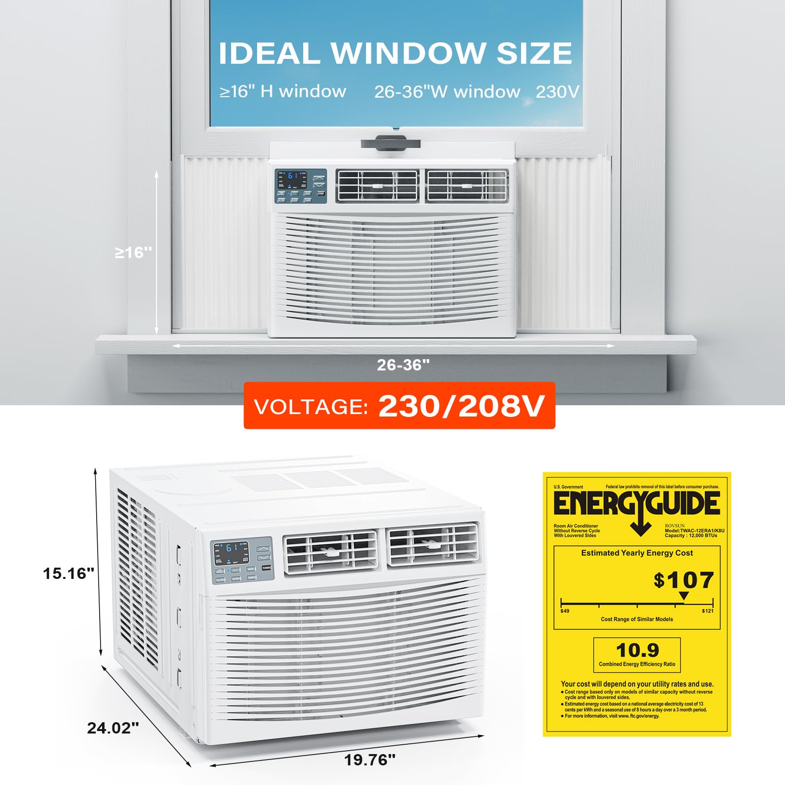 ROVSUN 12,000 BTU 230V Window Air Conditioner with Heat & Wifi/APP & Install Kit