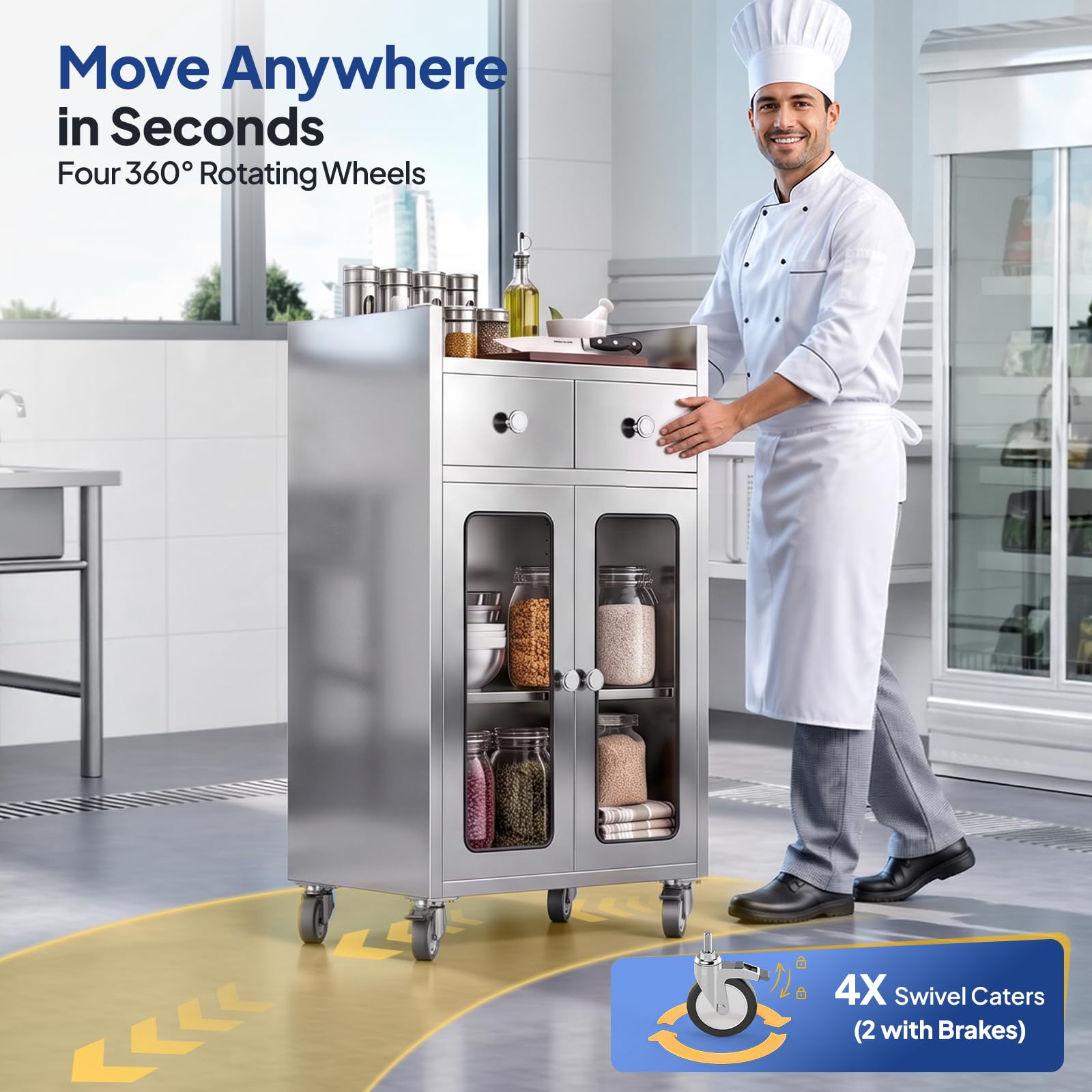 ROVSUN 24" x 16" Stainless Steel Table with Drawers & Wheels