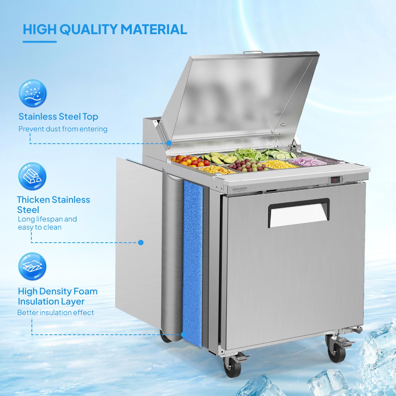 ROVSUN 29" 8-Pan Refrigerated Salad Sandwich Prep Table