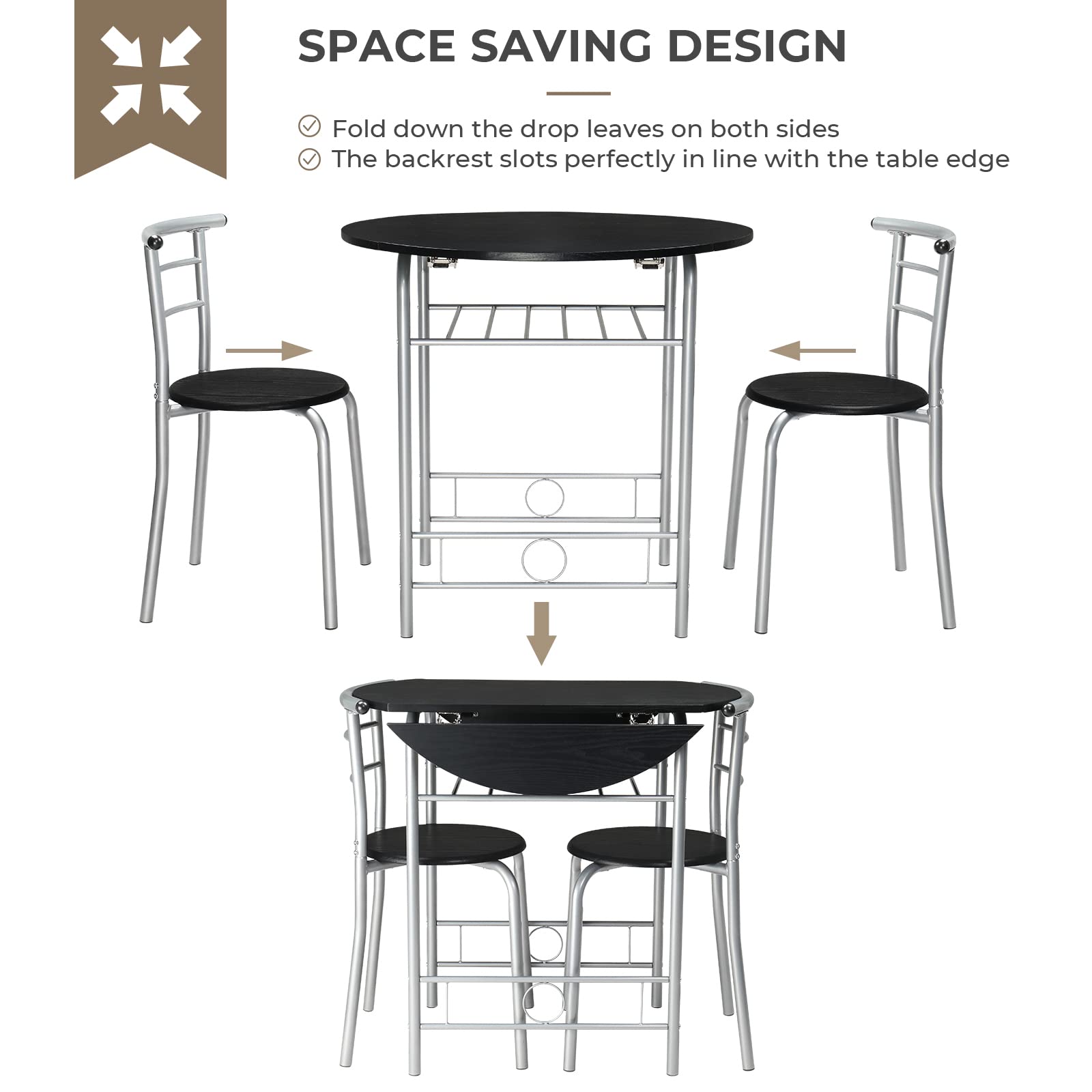 3 Piece Drop Leaf Dining Set Round Folding Table and 2 Chairs Black Silver