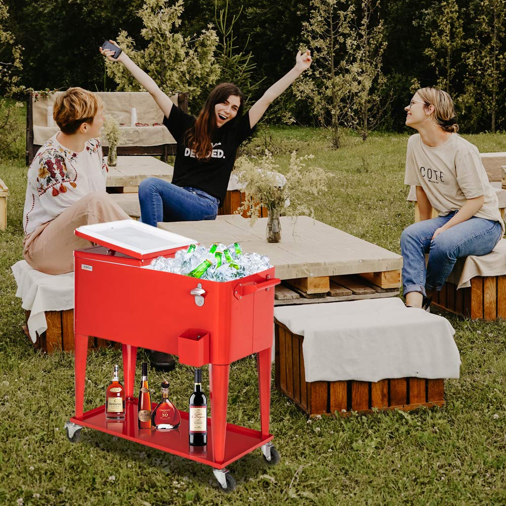 80 Quart Portable Outdoor Patio Rolling Cooler Cart Red