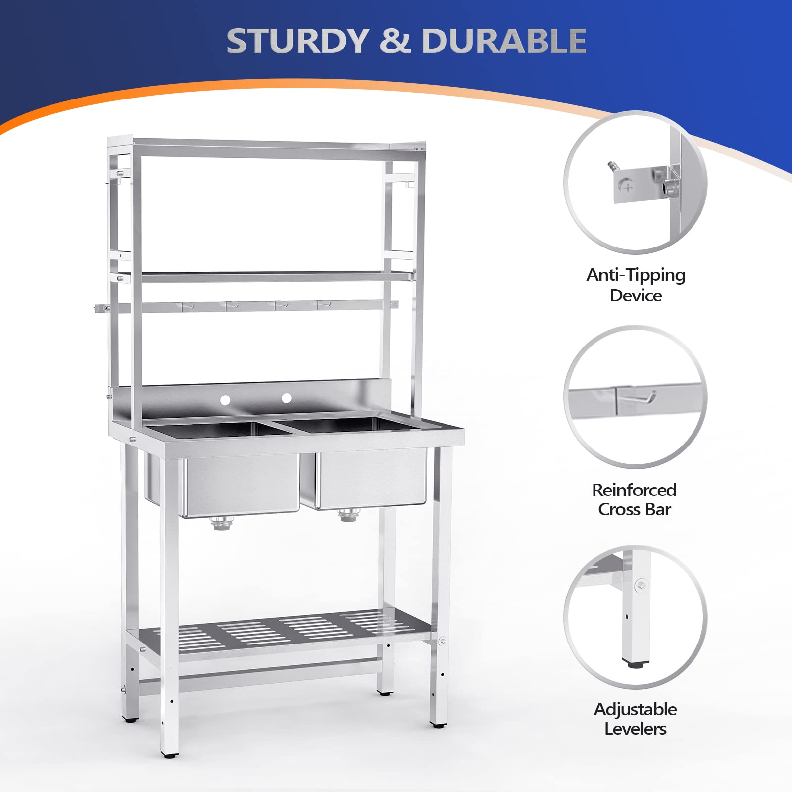ROVSUN 36" x 21" Two Compartment Stainless Steel Sink with Shelves