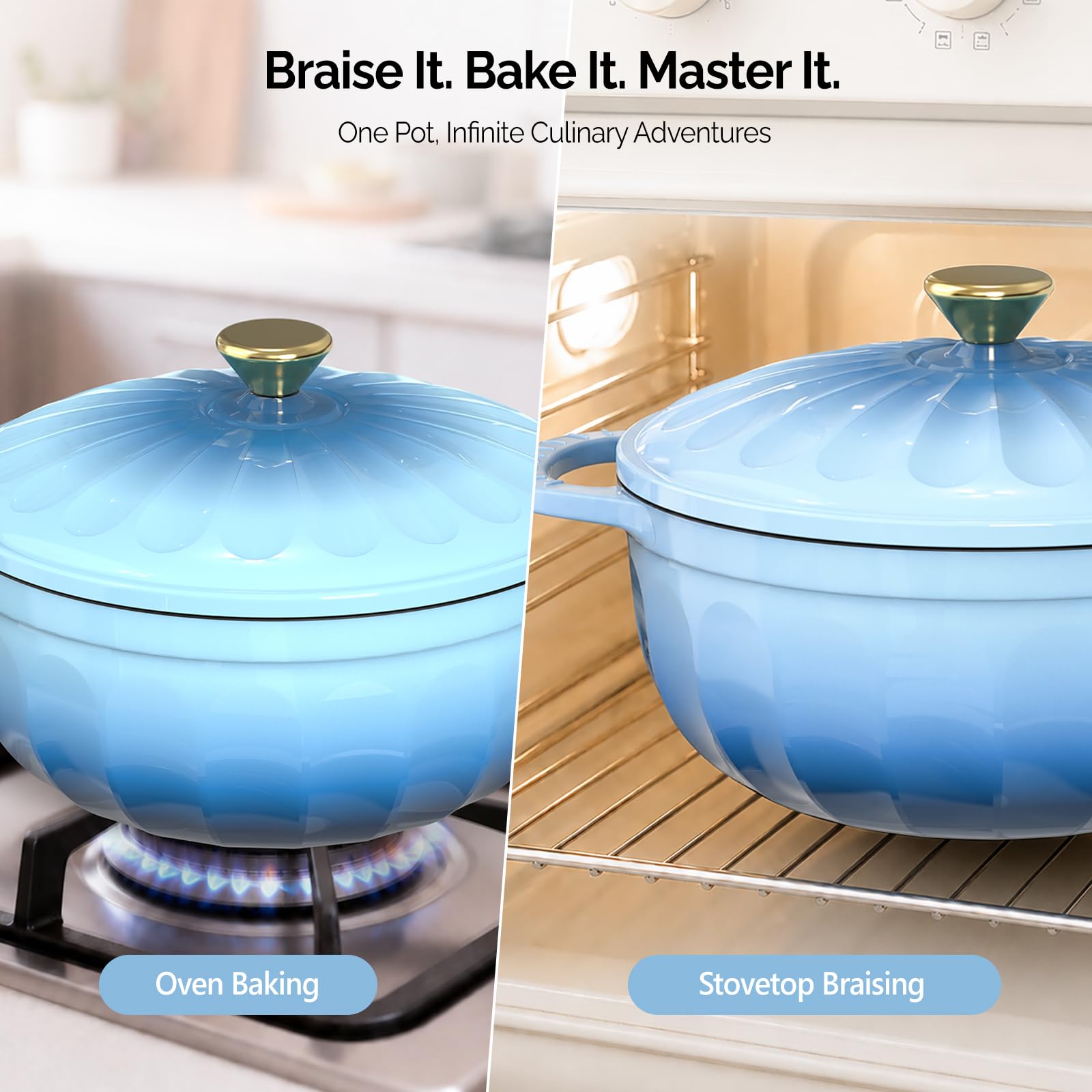 ROVSUN 5 QT Enameled Cast Iron Round Dutch Oven Blue Gradient