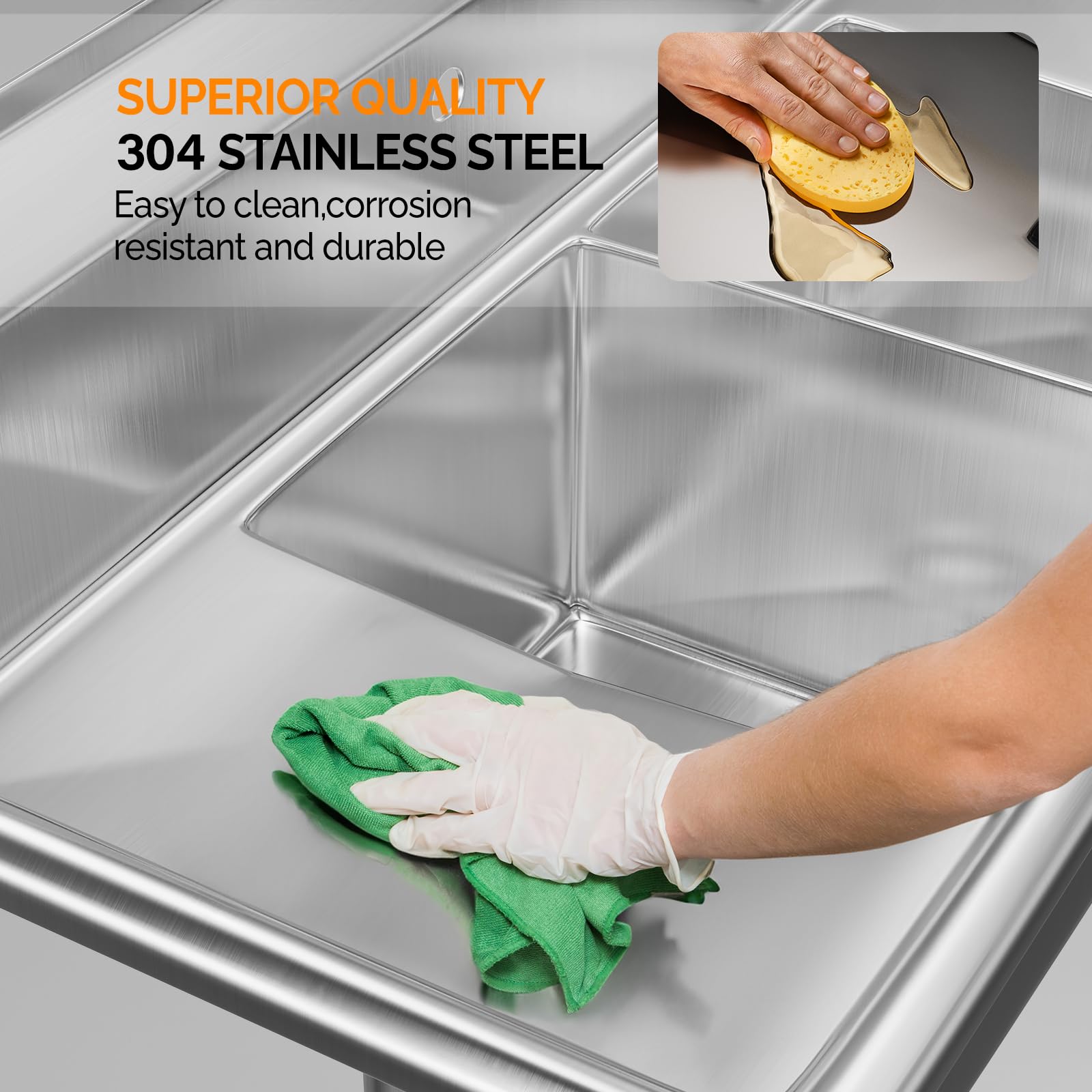 ROVSUN 44" x 20" 3 Compartment 304 Stainless Steel Sink with Left Side Drainboard