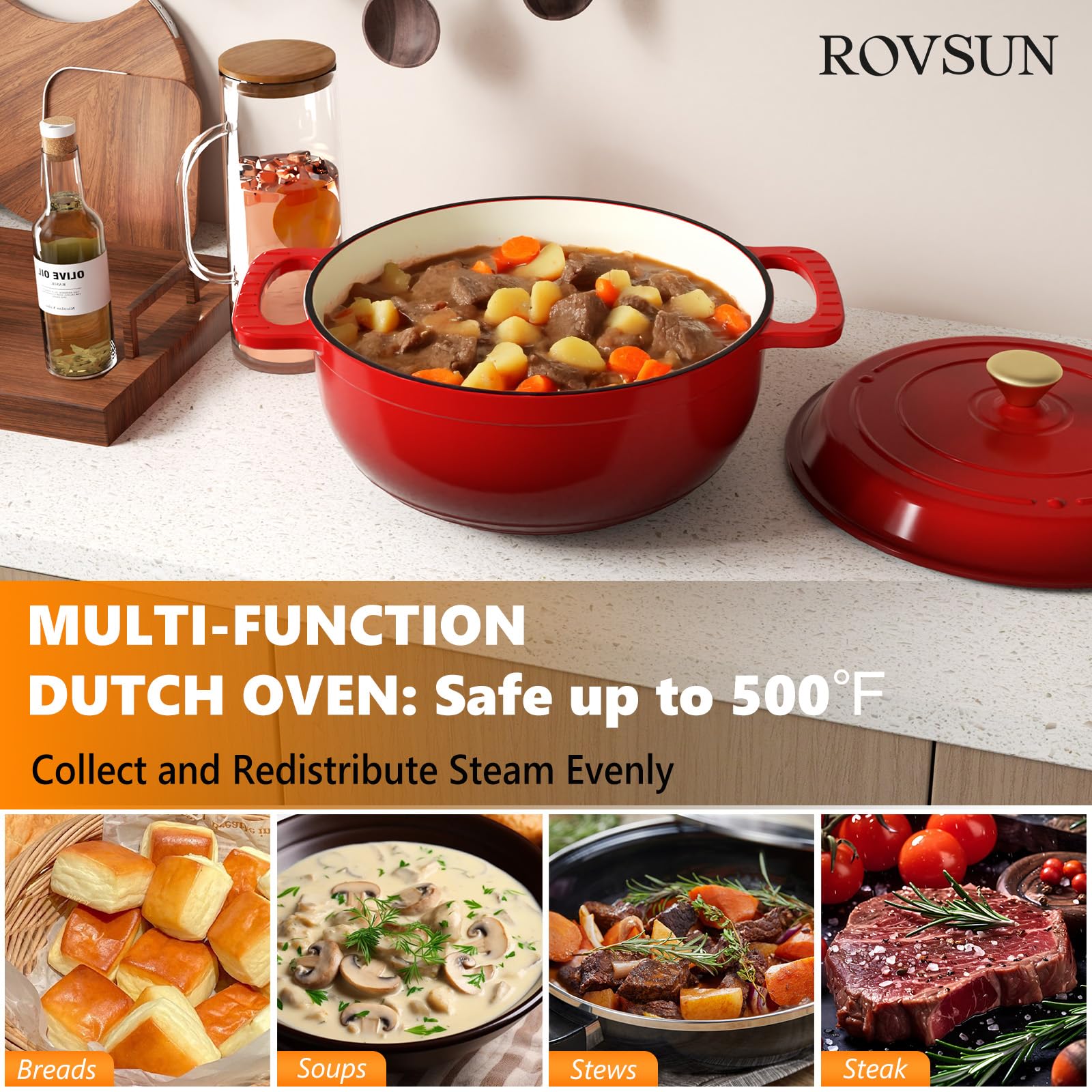 ROVSUN 6 QT Enameled Cast Iron Round Dutch Oven Red
