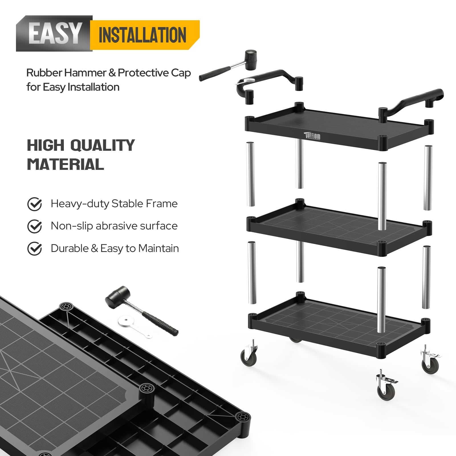3-Tier 40" x 20" 450 lb. Capacity Plastic Utility Cart/Bussing Cart Black