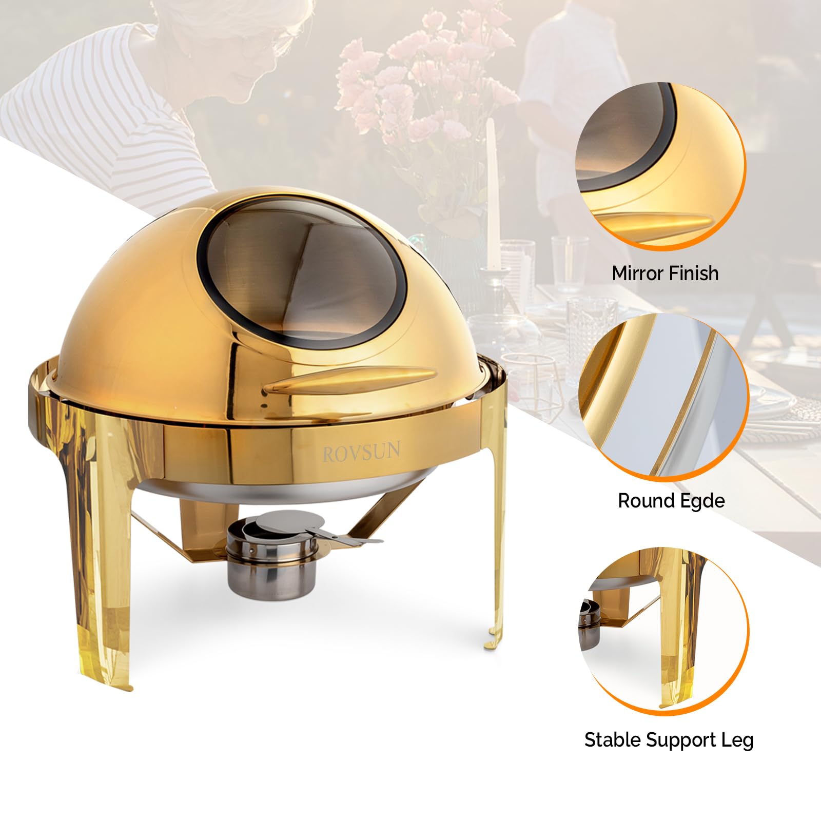 ROVSUN 6 QT Roll Top Round Gold Chafing Dish Set with Visible Window