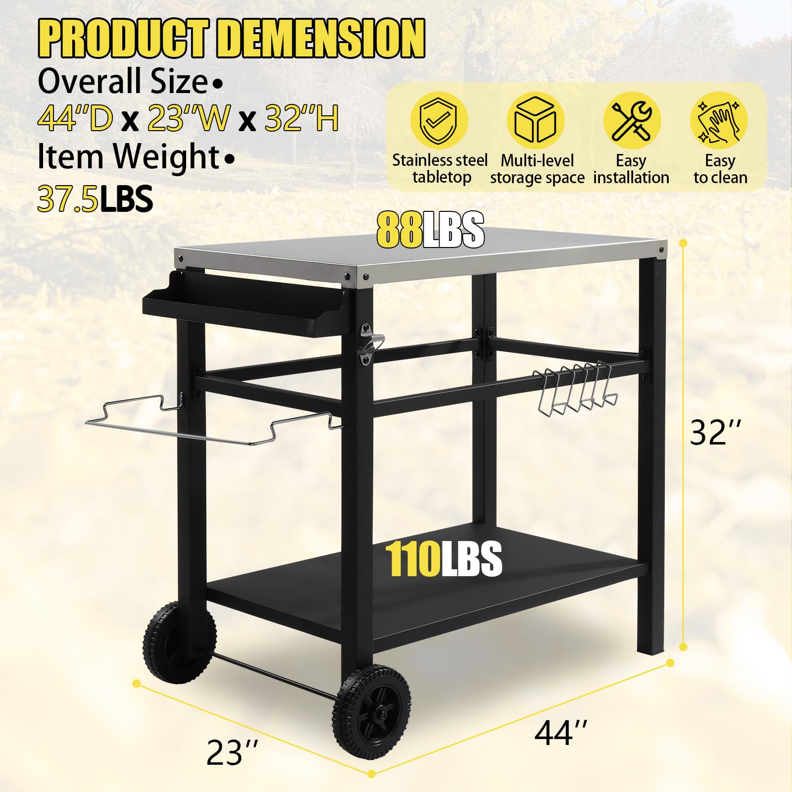 ROVSUN 44" Outdoor Grill Cart with Steel Steel Flattop Silver