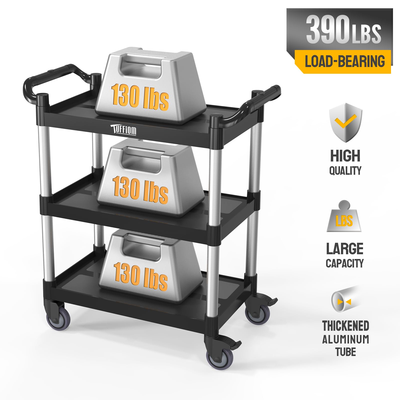 3-Tier 35" x 17" 390 lb. Capacity Plastic Utility Cart/Bussing Cart Black