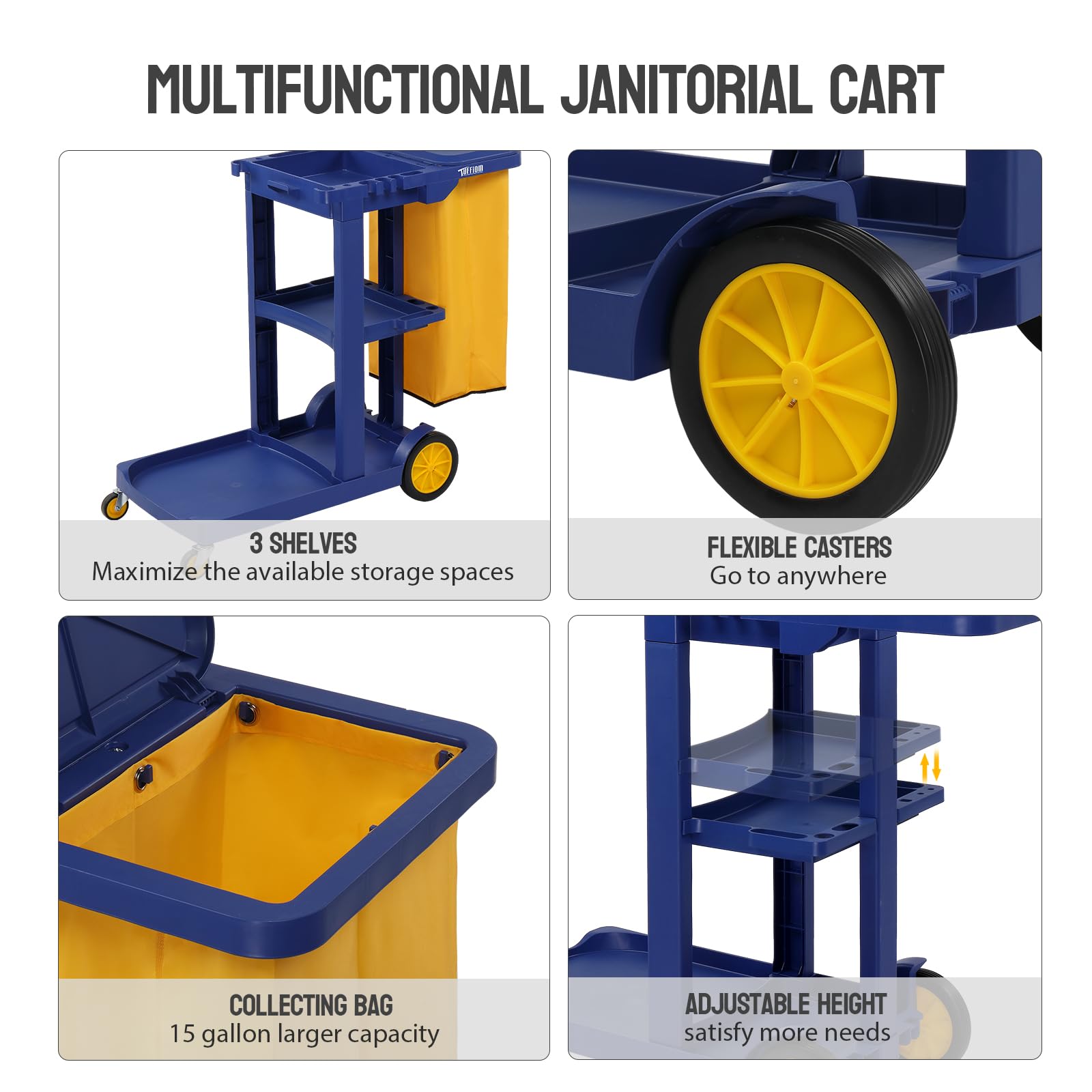 3-Tier 500 LBS Capacity Janitorial Cart with 15 Gallon Bag Blue
