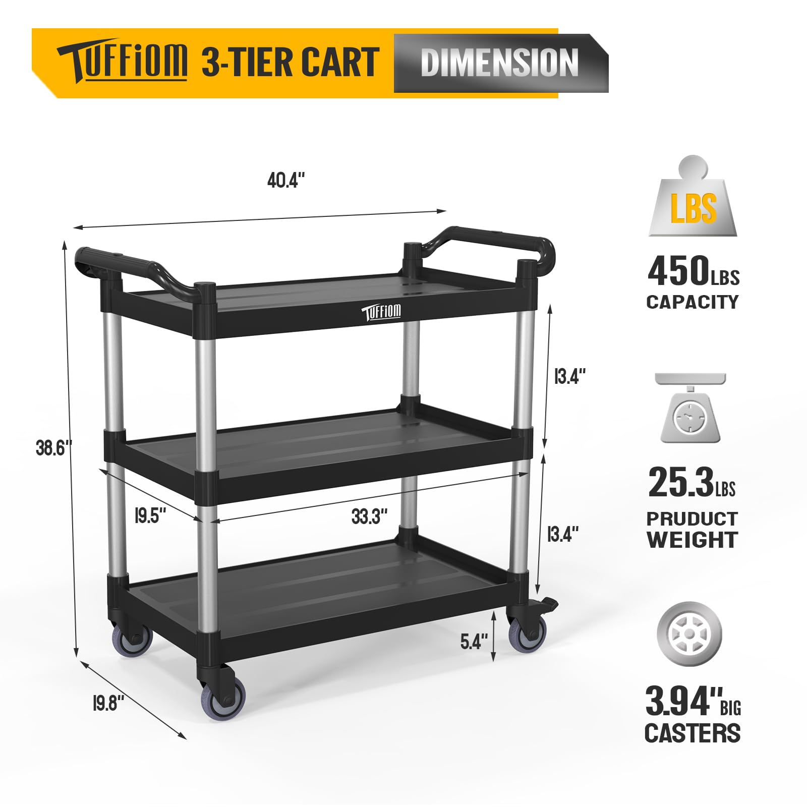 3-Tier 40" x 20" 450 lb. Capacity Plastic Utility Cart/Bussing Cart Black