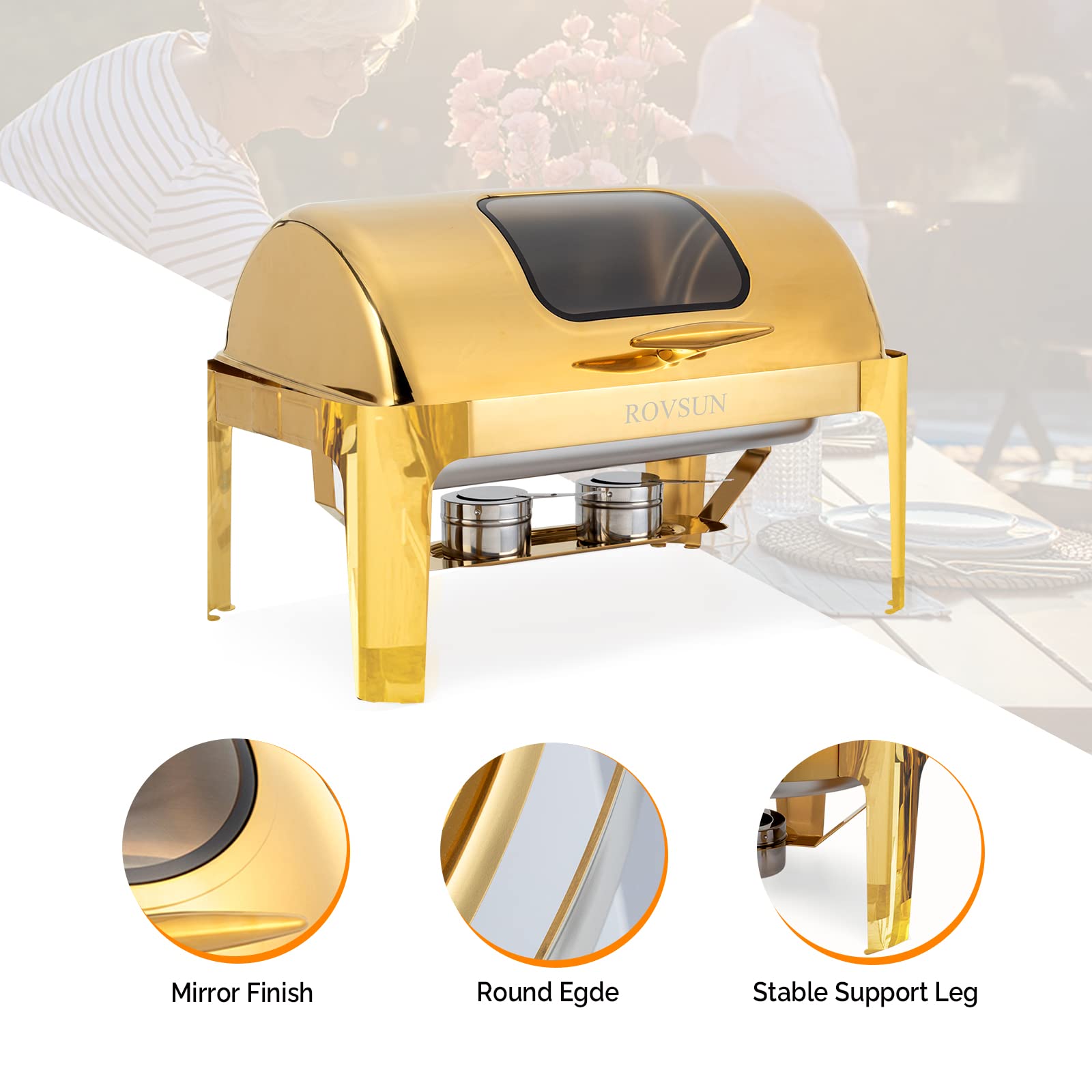 ROVSUN 9 QT Roll Top Rectangle Gold Chafing Dish Set with Visible Window