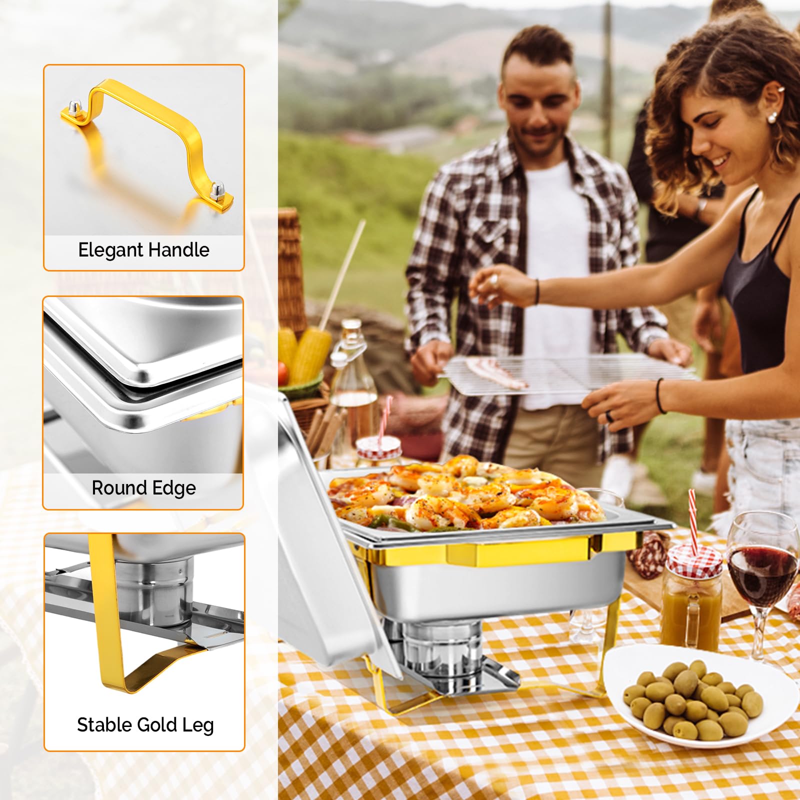ROVSUN 9 QT Rectangle Gold Chafing Dish Set with Full Size Pans