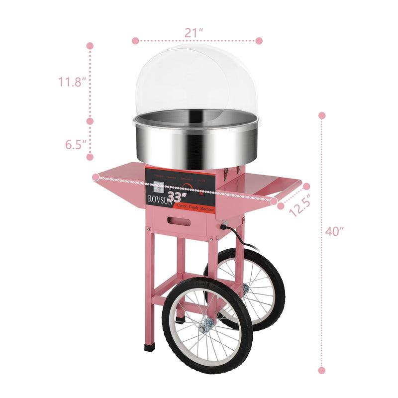 ROVSUN 21 Inch 980W 110V Electric Candy Floss Maker Commercial Cotton Candy Machine Cart with Cover Pink