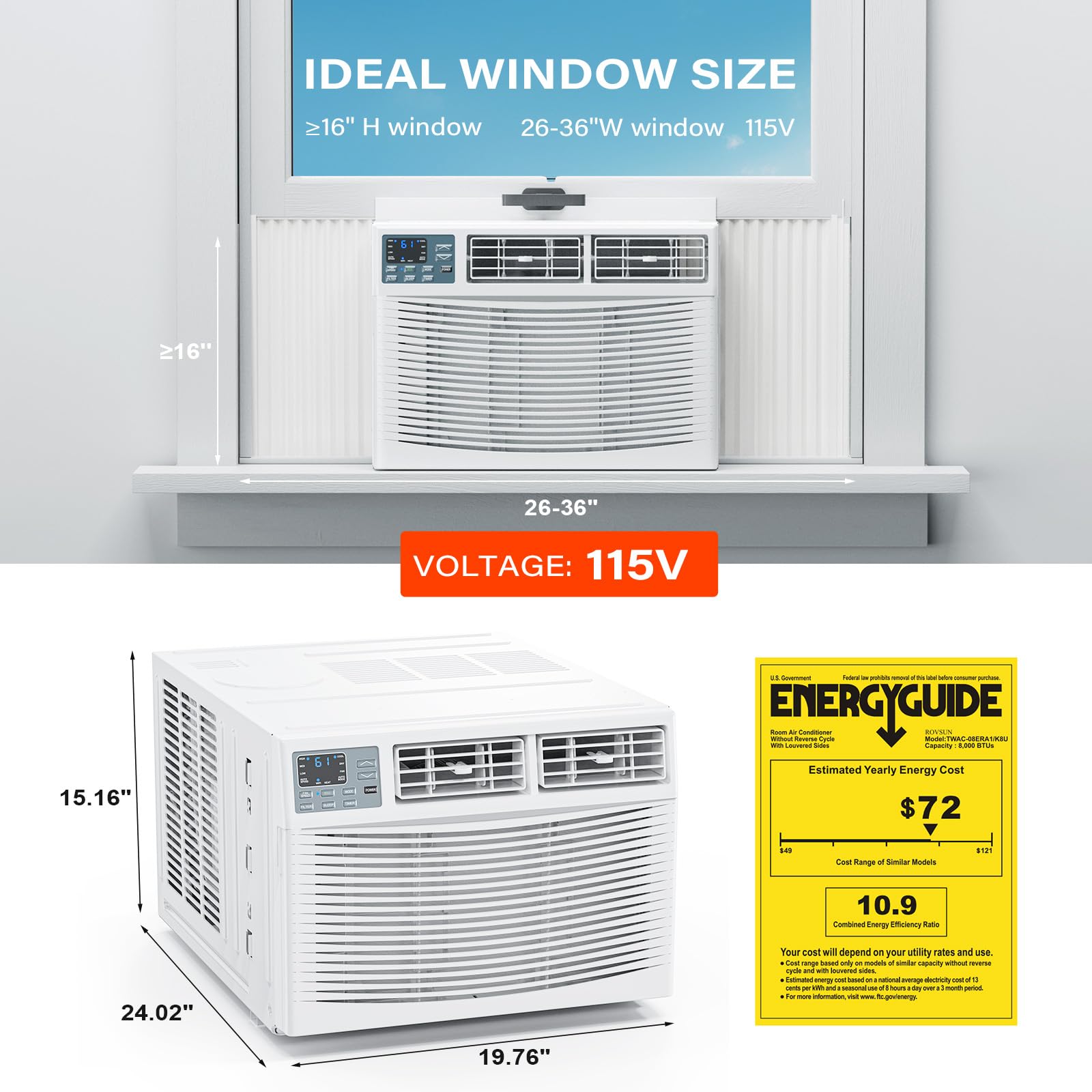 ROVSUN 8,000 BTU 115V Window Air Conditioner with Heat & Wifi/APP & Install Kit
