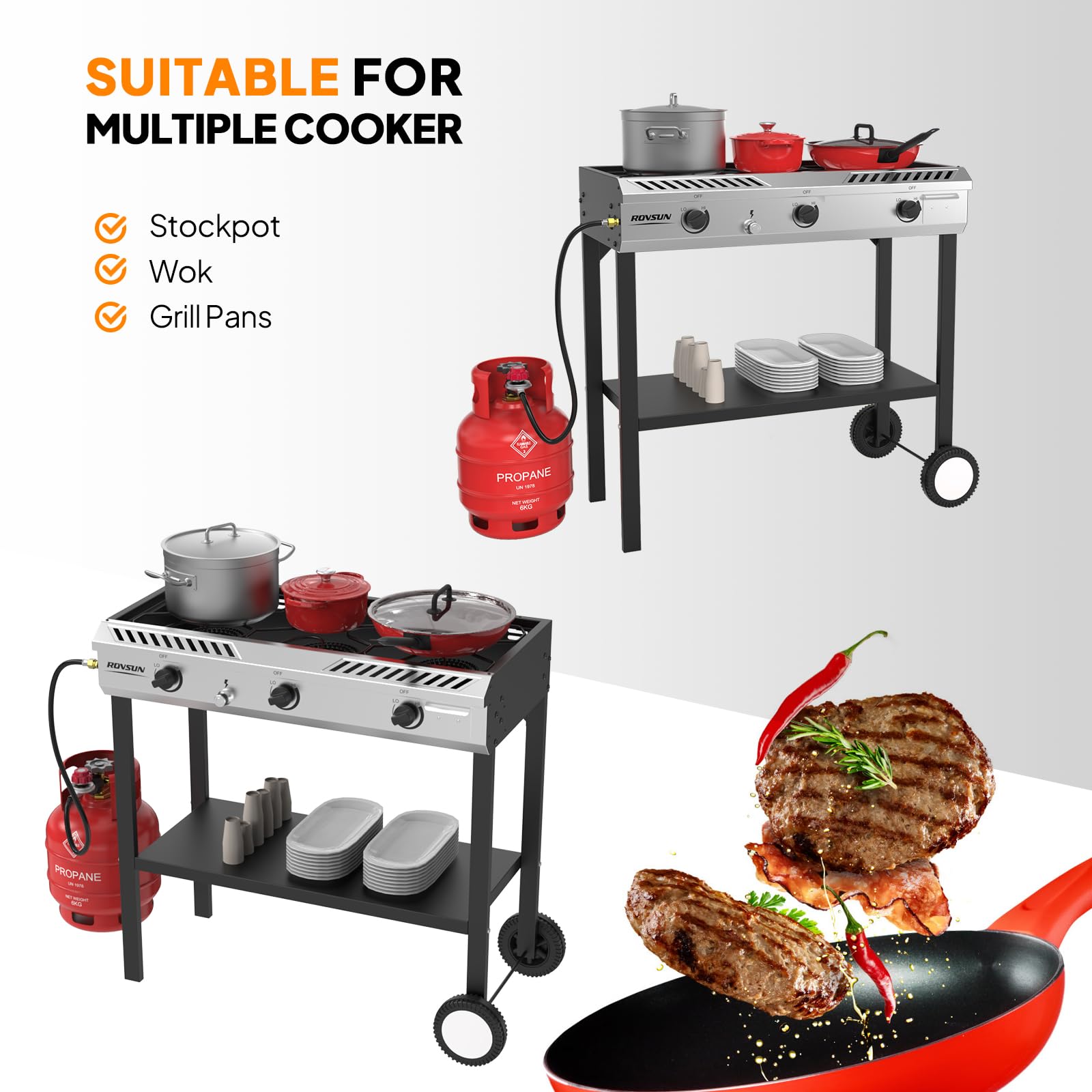 ROVSUN 3 Burner 225,000 BTU Outdoor Gas Propane Stove with Wheels