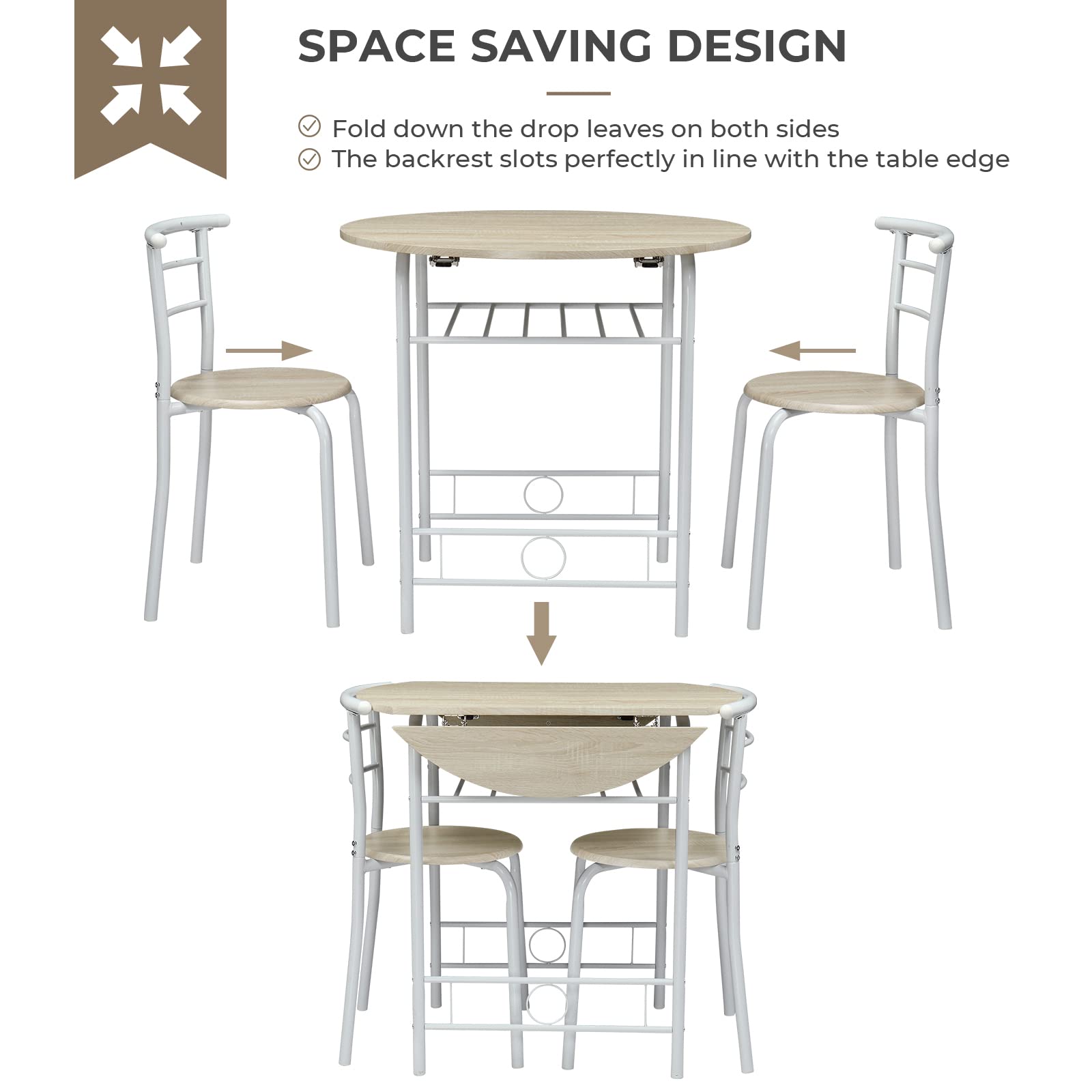 3 Piece Drop Leaf Dining Set Round Folding Table and 2 Chairs White Oak