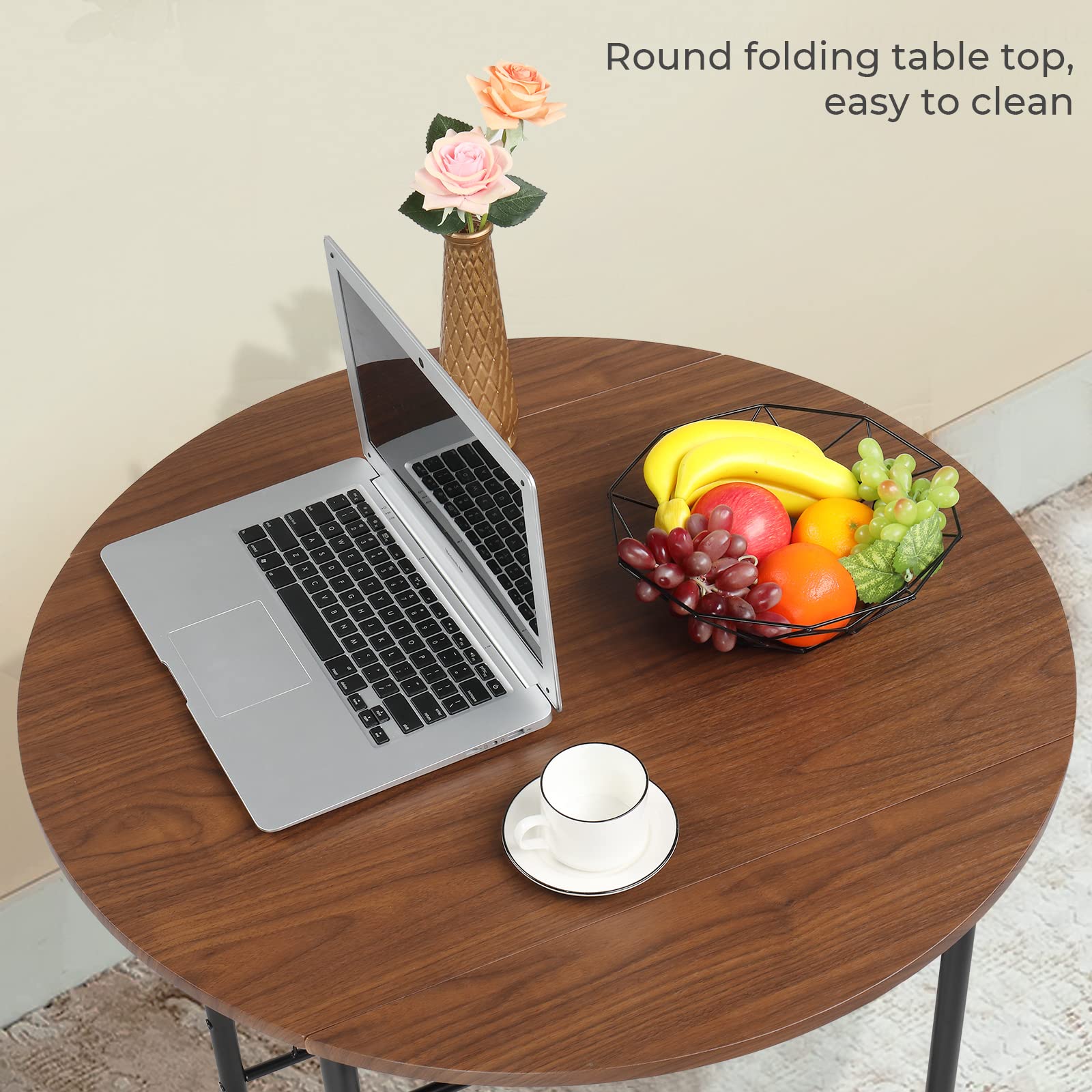 3 Piece Drop Leaf Dining Set Round Folding Table and 2 Chairs Black Brown