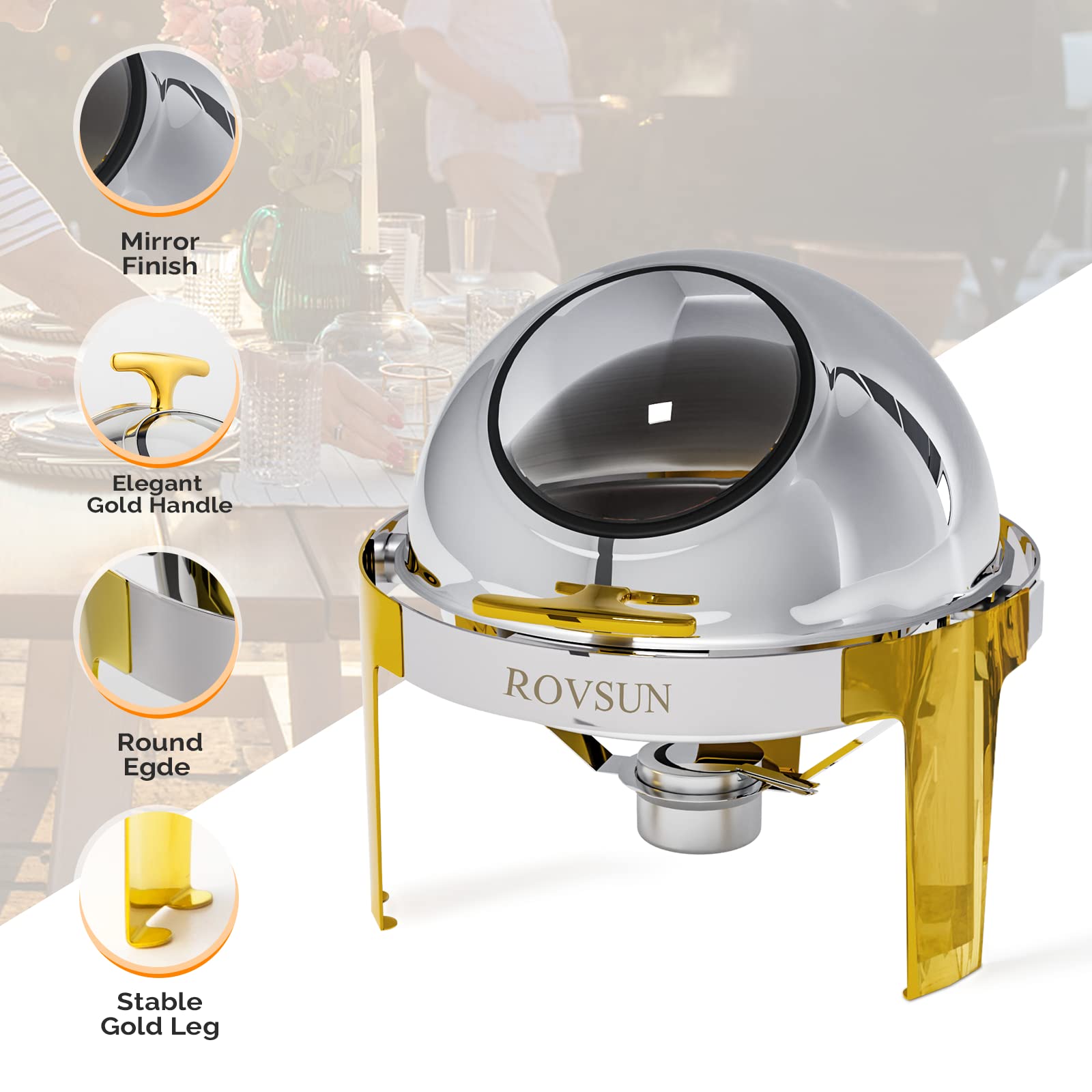 ROVSUN 6 QT Roll Top Round Chafing Dish Buffet Set Silver Gold