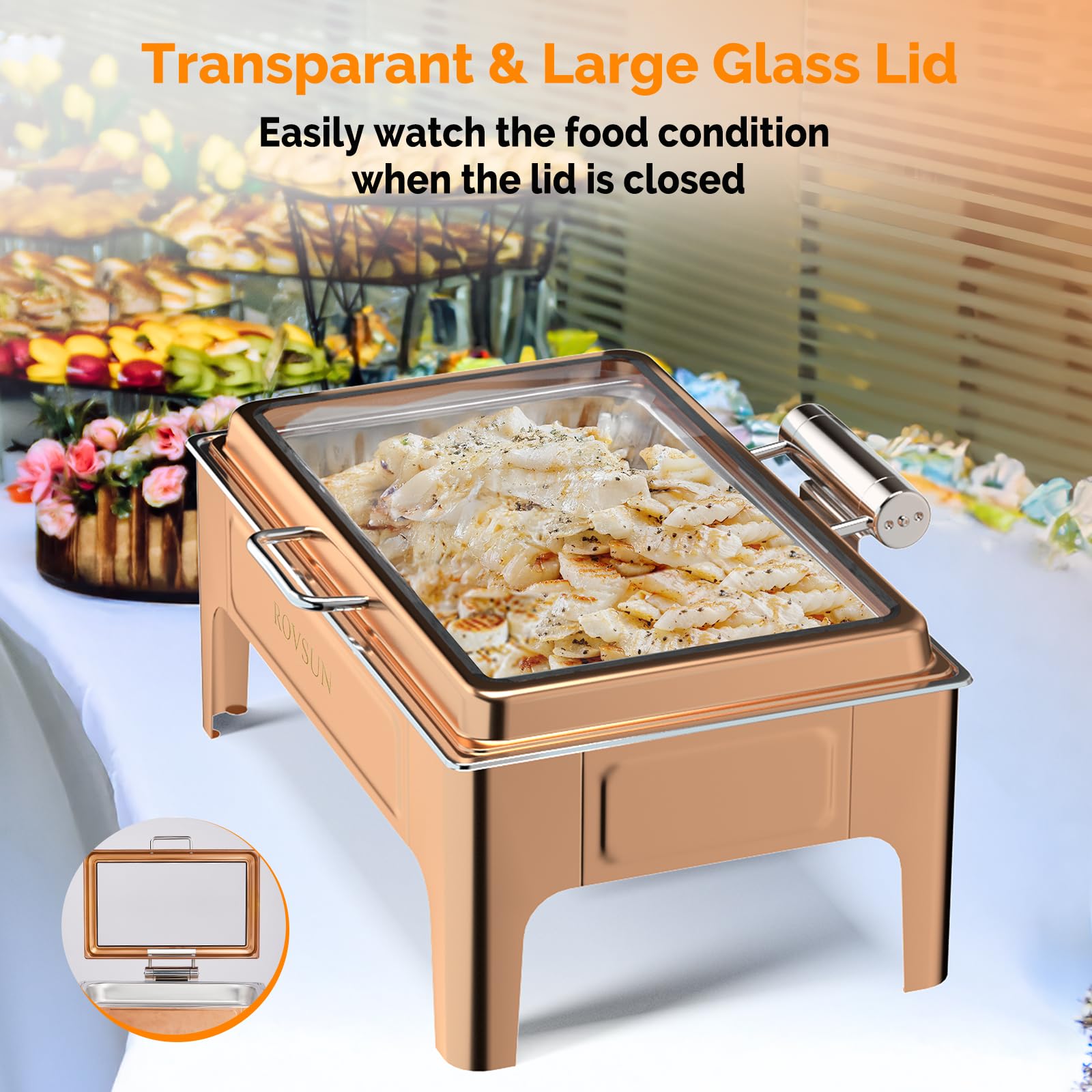 ROVSUN 9 QT Rectangular Rose Gold Chafing Dish Buffet Set with Serving Tong