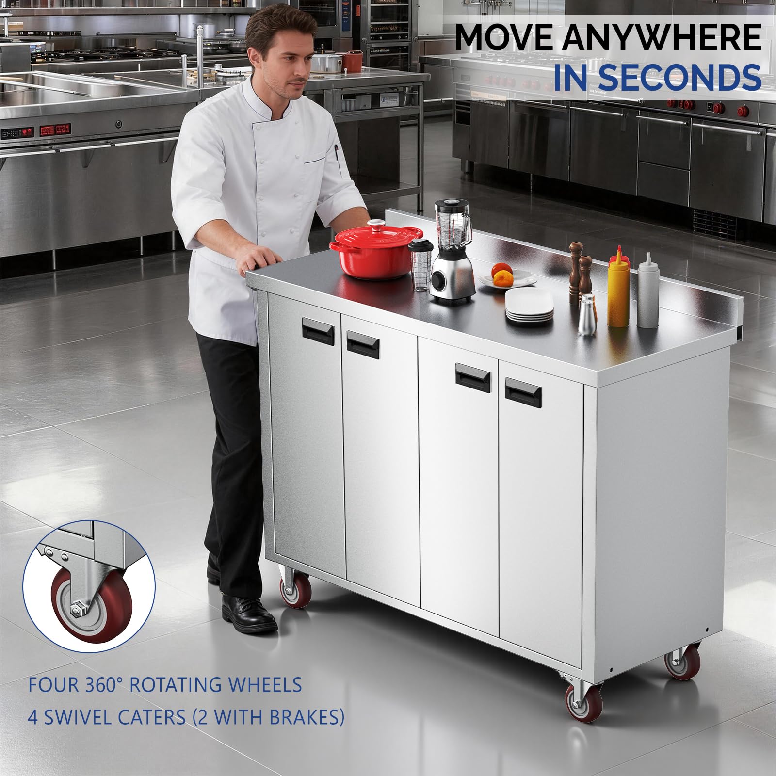 ROVSUN 47" x 19" Stainless Steel Table with Cabinet & Wheels