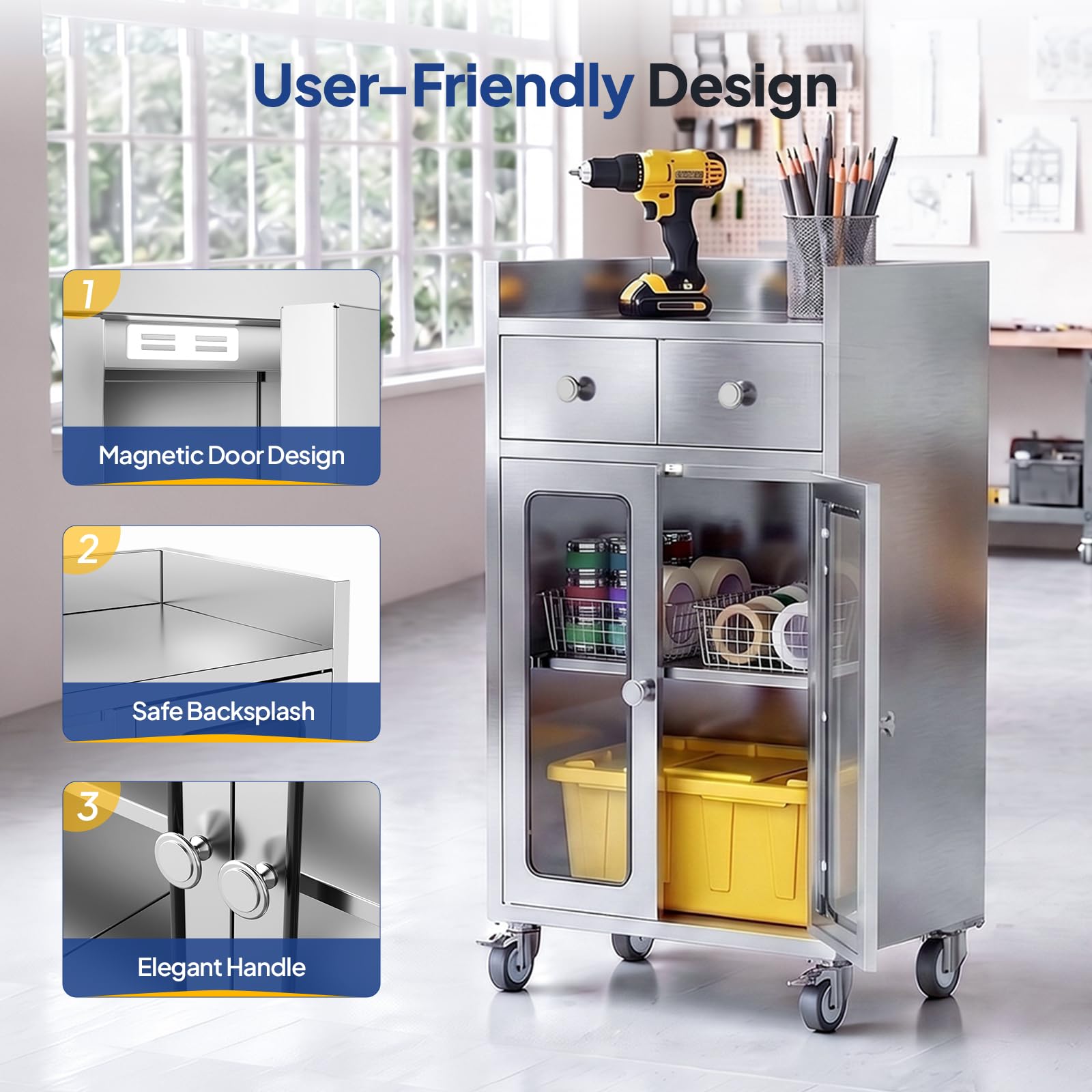 ROVSUN 24" x 16" Stainless Steel Table with Drawers & Wheels