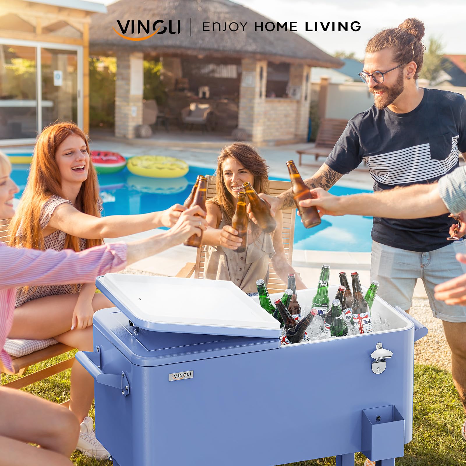 80 Quart Portable Outdoor Patio Rolling Cooler Cart Haze Blue