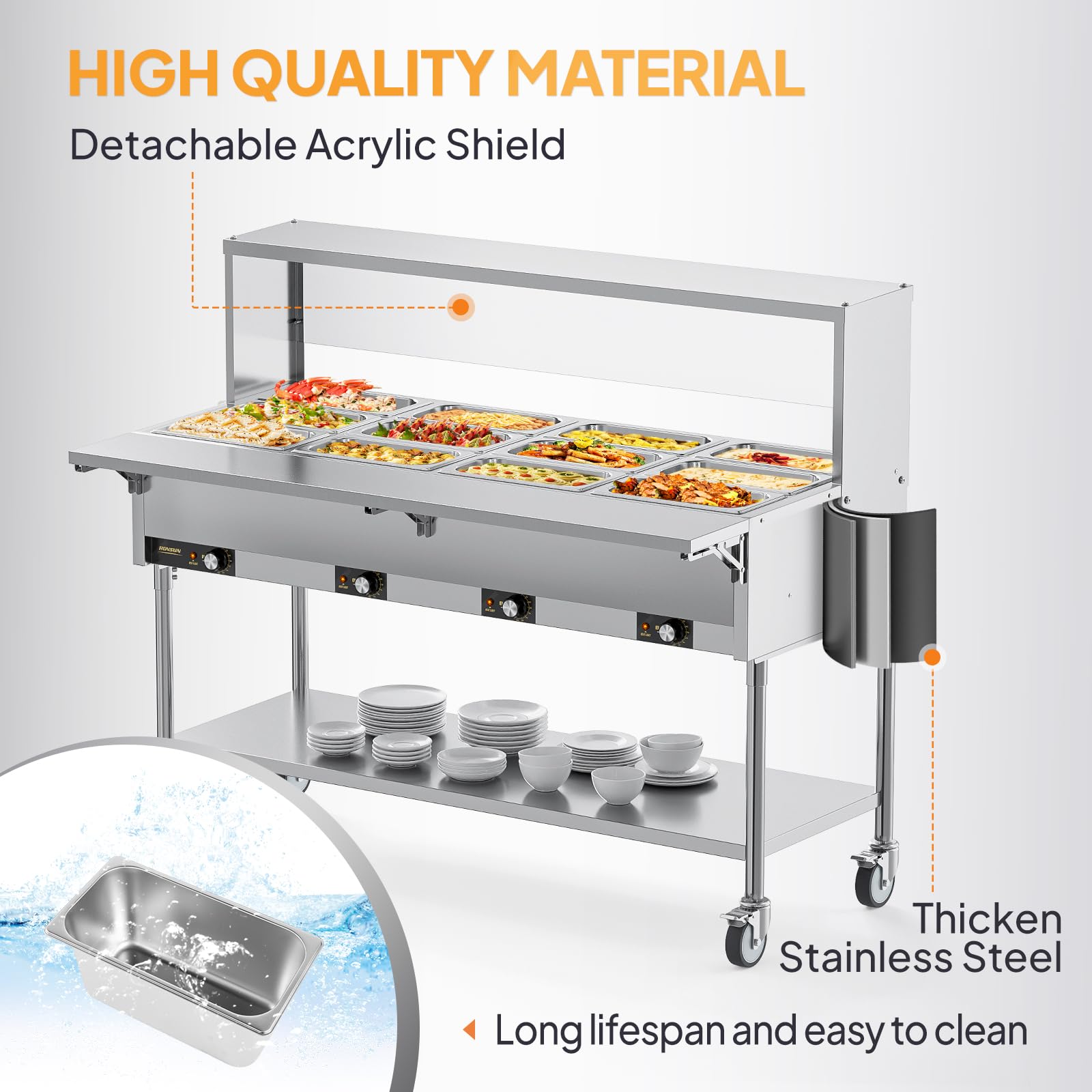 ROVSUN 96 QT 12-Pan Electric Steam Table with Independent Temp Control
