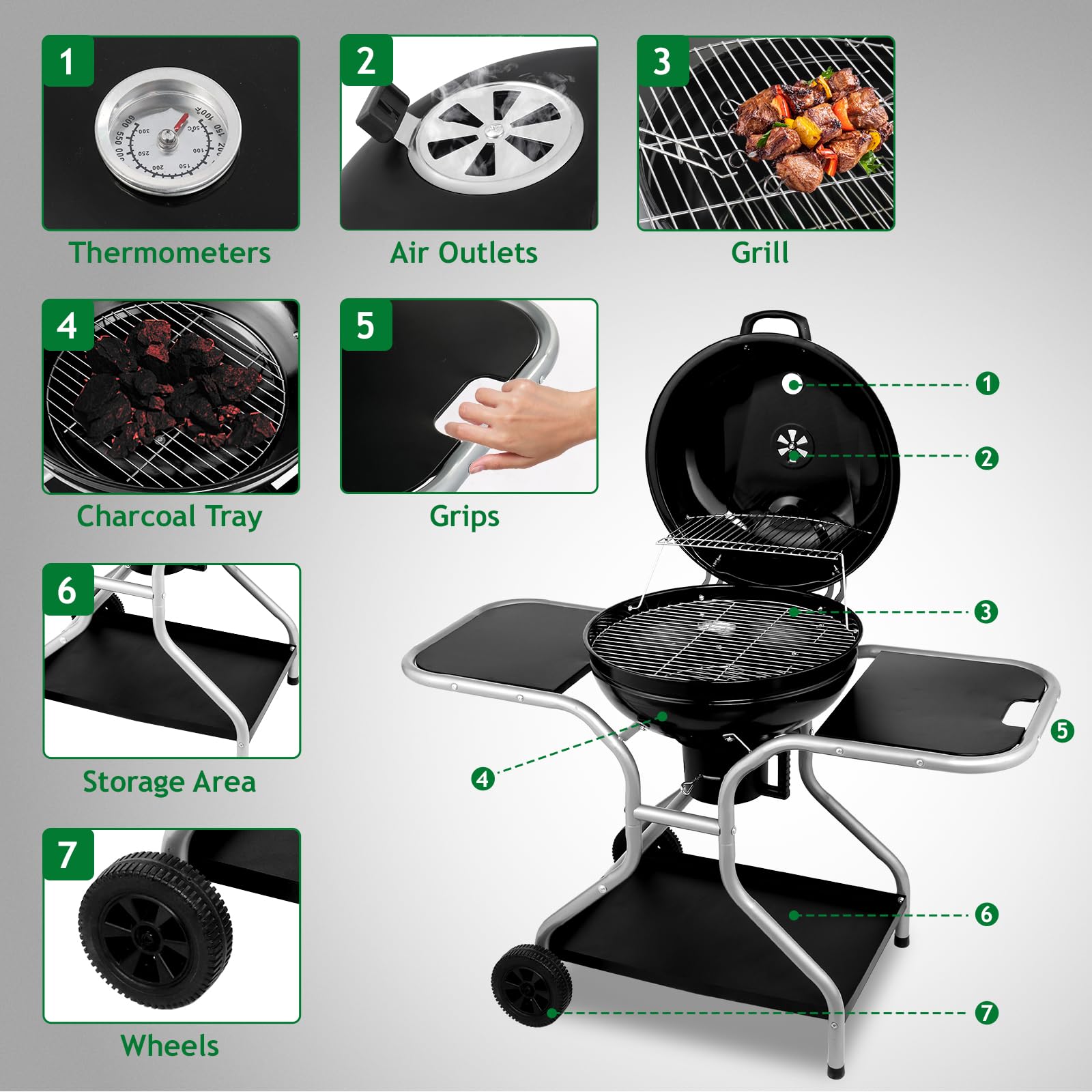 22.5" Kettle Charcoal Grill with Side Table & Ash Catcher