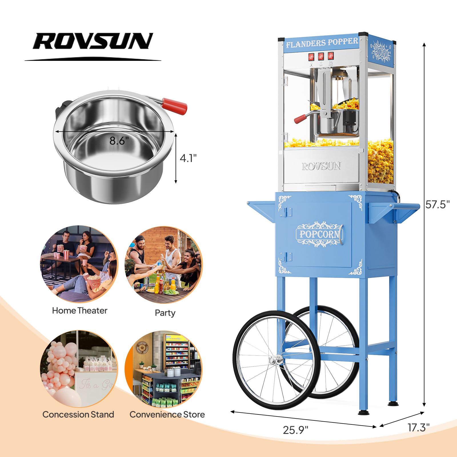 ROVSUN 10 oz Kettle 800W 120V Popcorn Machine Cart Blue