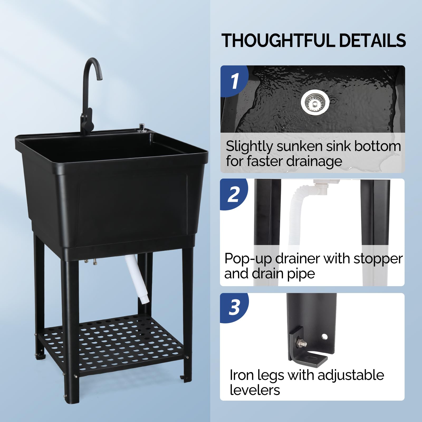 ROVSUN 24" x 24" Plastic Utility Sink with Storage Shelf Black