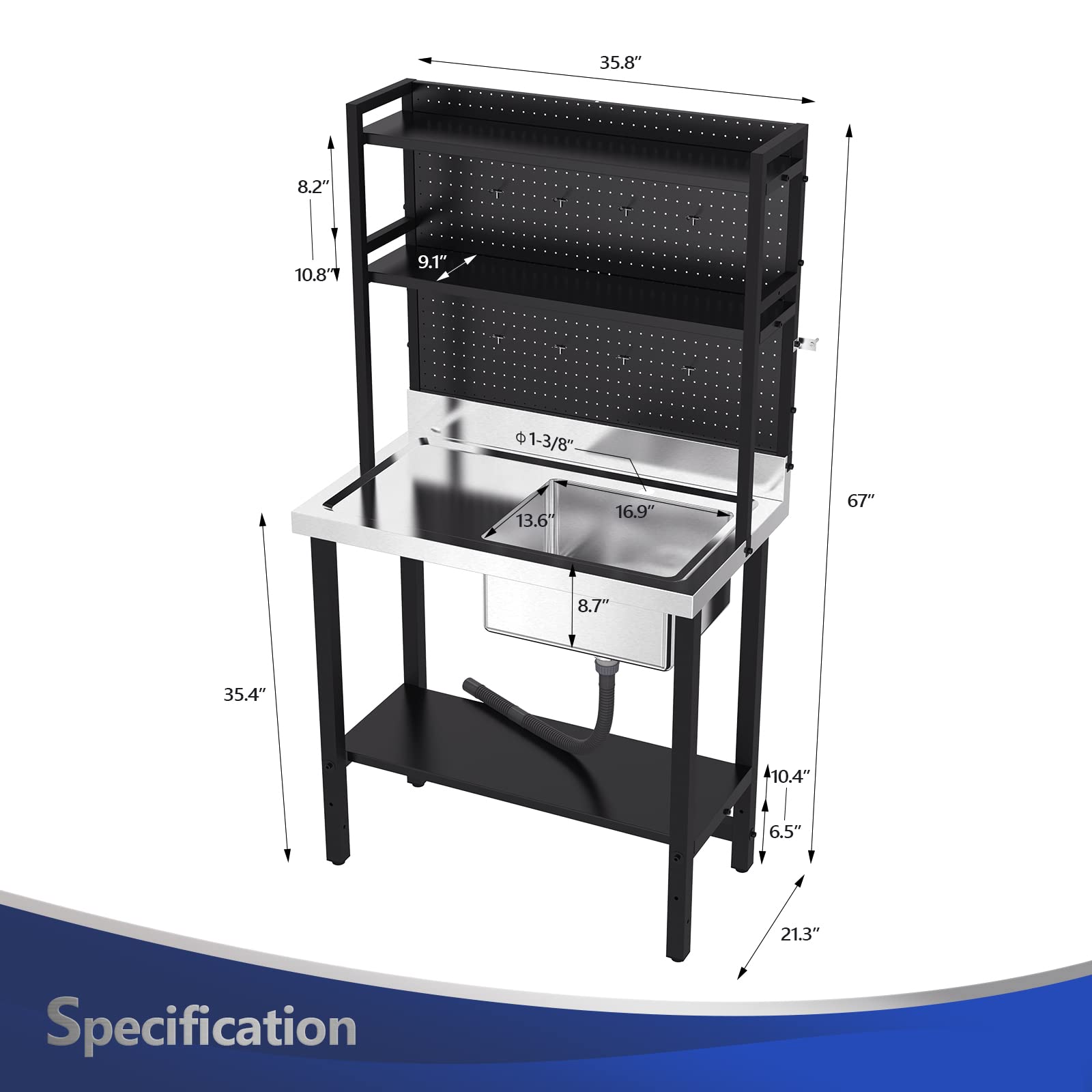 ROVSUN 36" x 21" One Compartment Stainless Steel Sink with Shelves