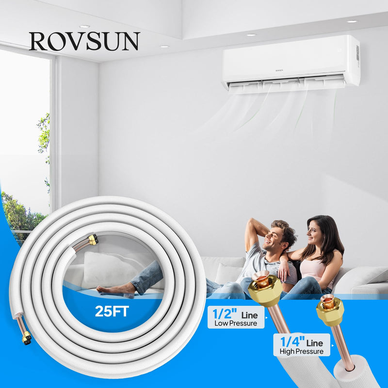 ROVSUN 25 Ft 1/4" & 1/2" O.D. Flared Copper Tubing Pipes and 3/8" Thickened PE Insulated Coil with Nuts & Kit
