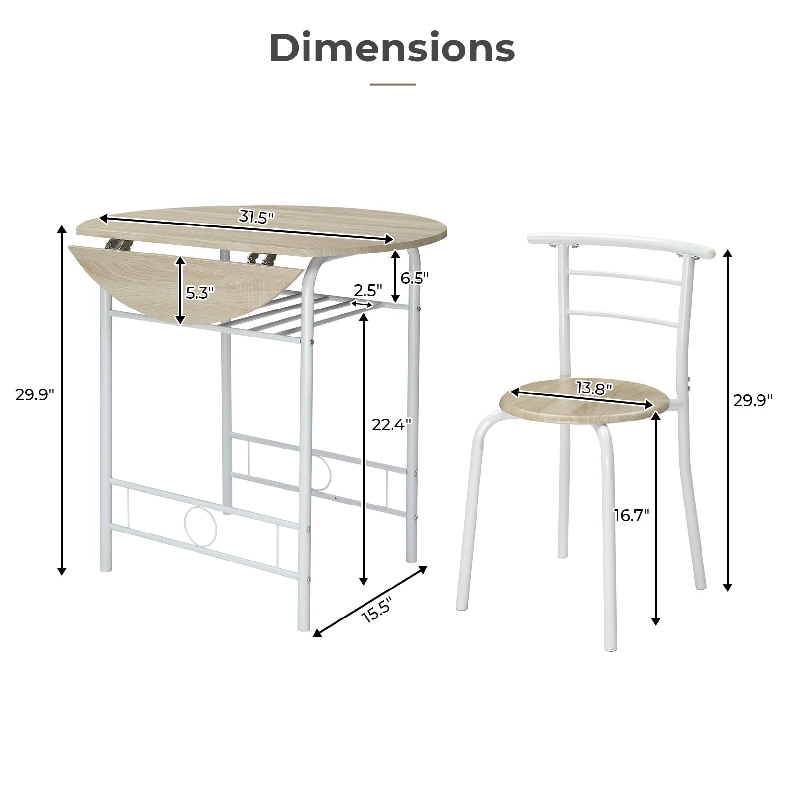 3 Piece Drop Leaf Dining Set Round Folding Table and 2 Chairs White Oak