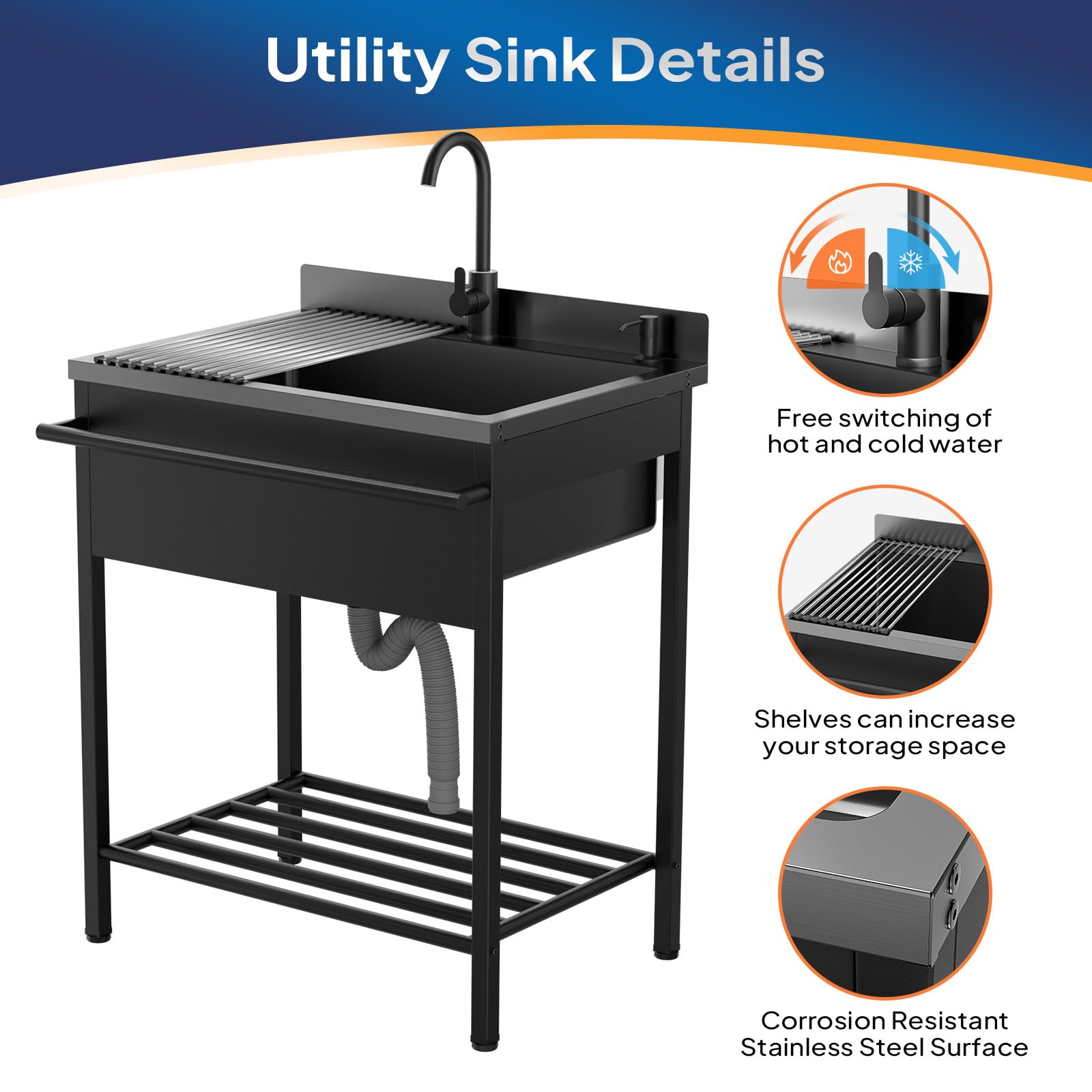 ROVSUN 31" x 22" Stainless Steel Utility Sink with Faucet & Draining Rack
