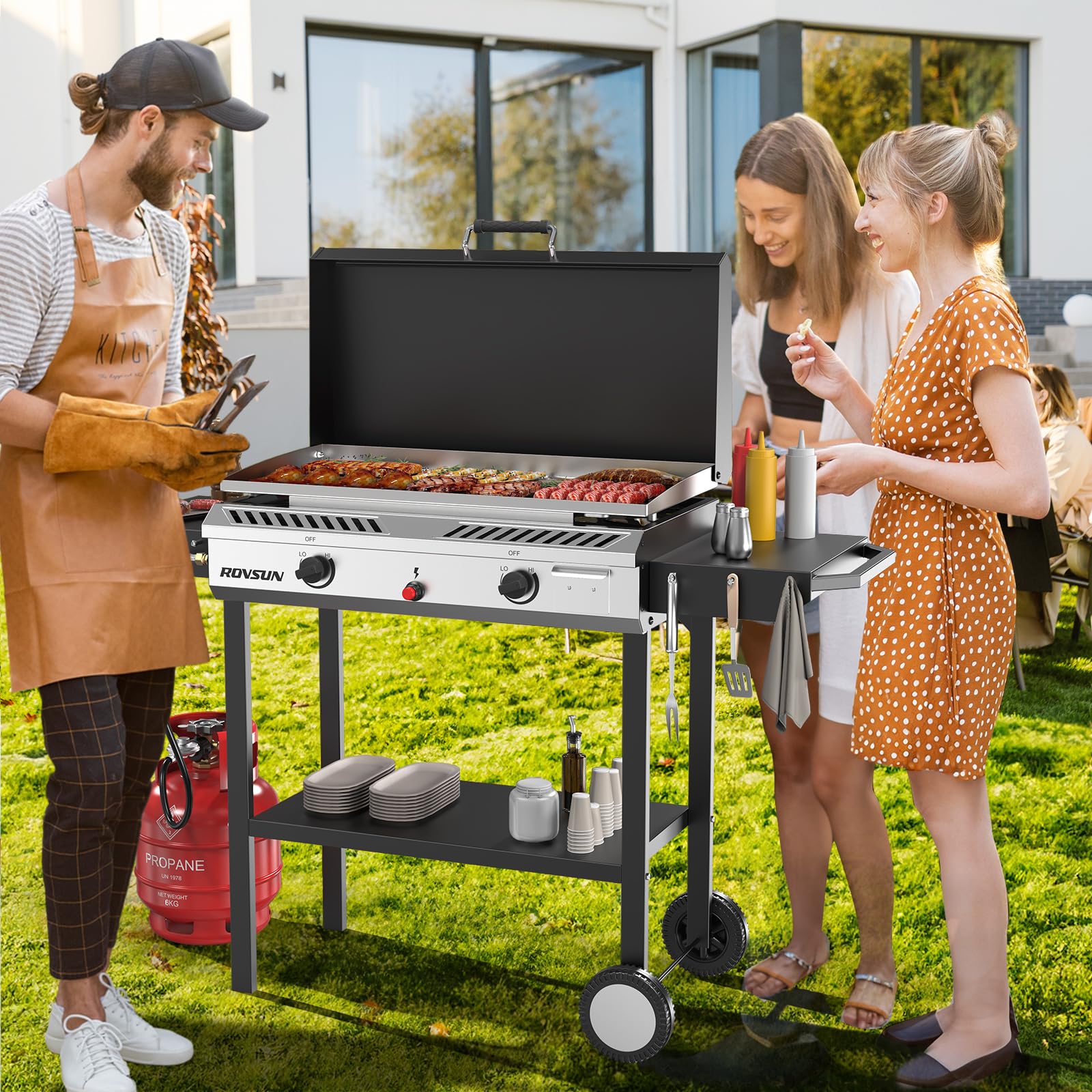 ROVSUN 2-in-1 150,000 BTU Gas Propane Stove & Griddle Combo with Side Shelves & Wheels