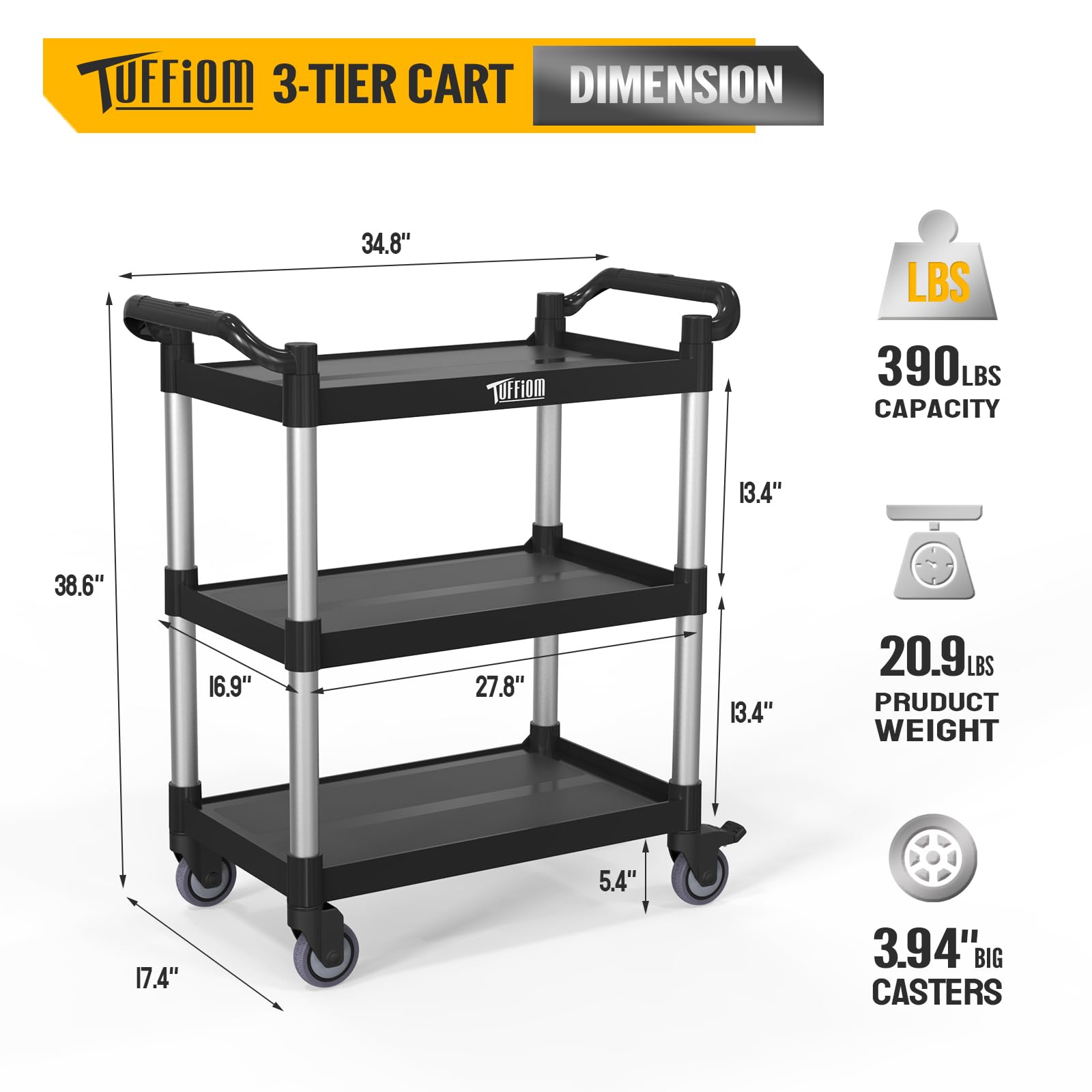 3-Tier 35" x 17" 390 lb. Capacity Plastic Utility Cart/Bussing Cart Black