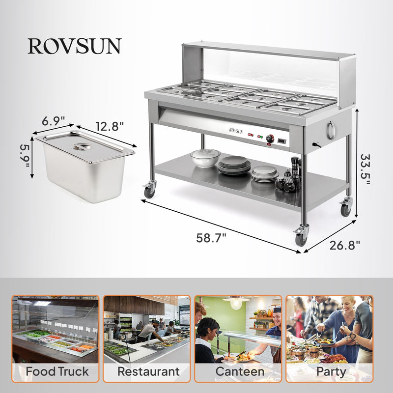 ROVSUN 96QT 1500W 110V 12-Pan Electric Commercial Food Warmer Steam Table with Shelf
