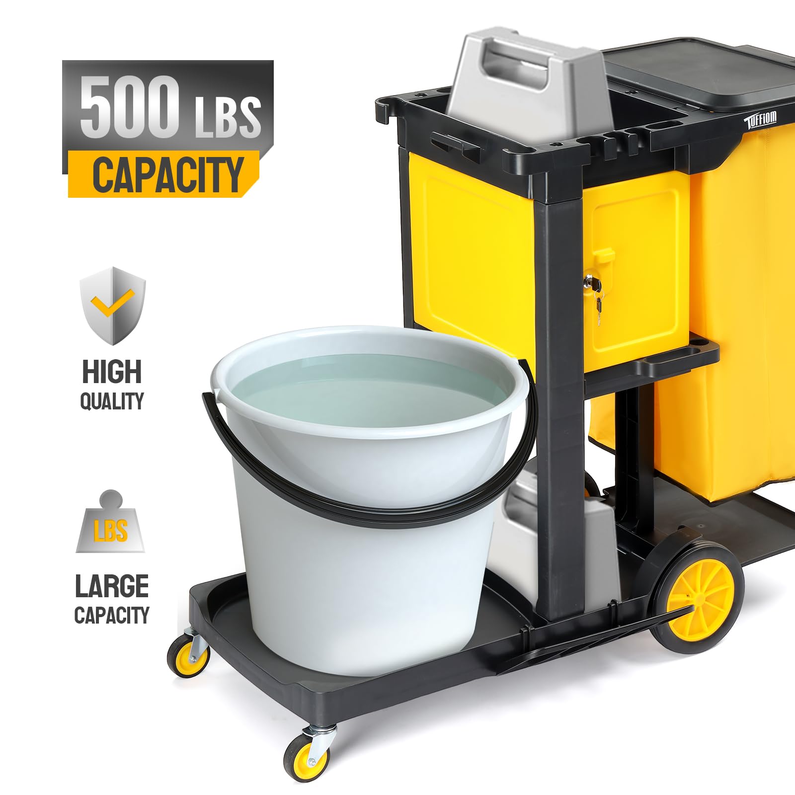 3-Tier 500 LBS Capacity Janitorial Cart with Locker & 15 Gallon Bag Black