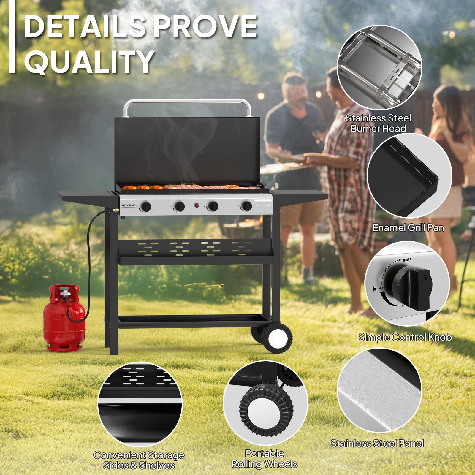 ROVSUN 4 Burner 40,000 BTU Portable Propane Rolling Flat Top Gas Grill with Stand & Lid