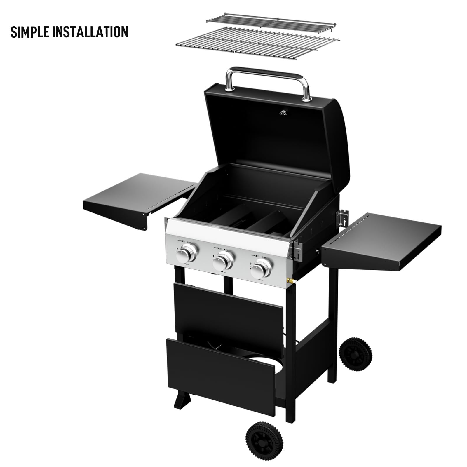 ROVSUN 3-Burner 36,000 BTU Propane Grill with Foldable Side Tables & Wheels