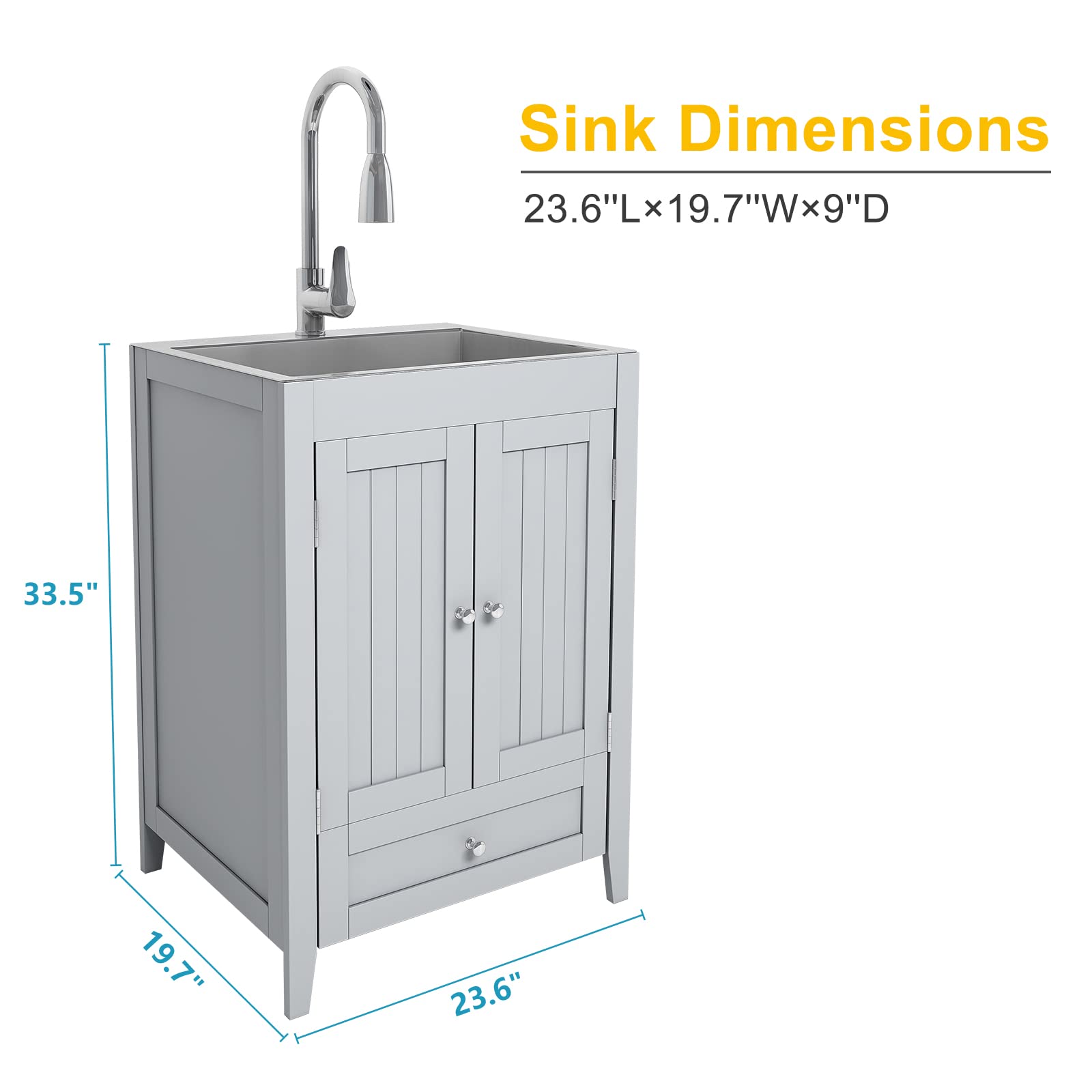 ROVSUN 24" x 20" Utility Sink with Cabinet and Drawer for Kitchen Laundry Room Grey