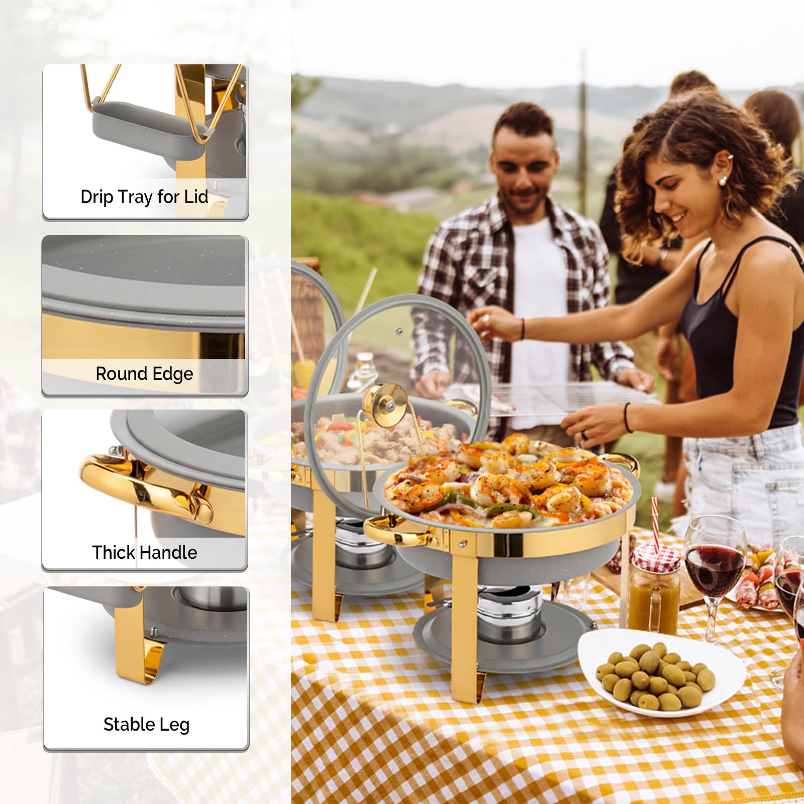 ROVSUN 5 QT Round Gray-Gold Chafing Dish Buffet Set with Lid Holder